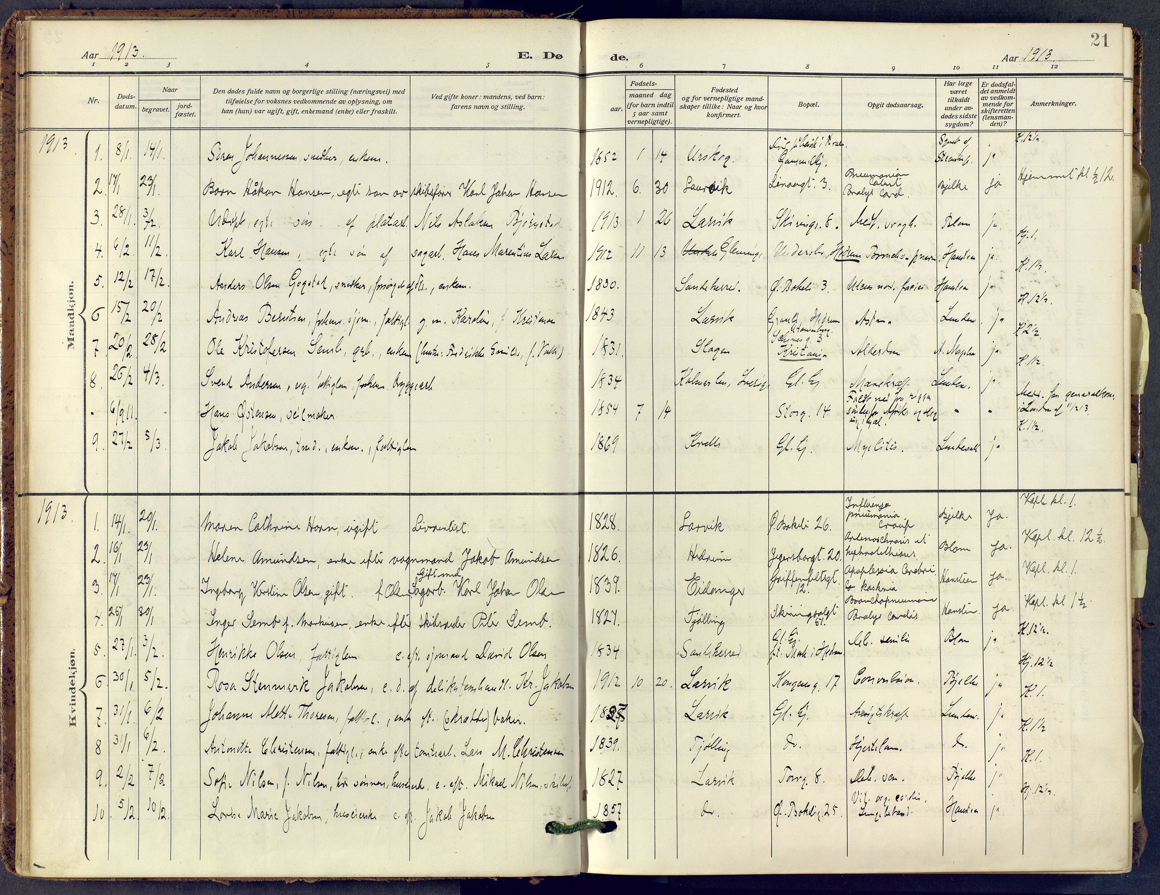 Larvik kirkebøker, SAKO/A-352/F/Fa/L0013: Parish register (official) no. I 13, 1910-1960, p. 21