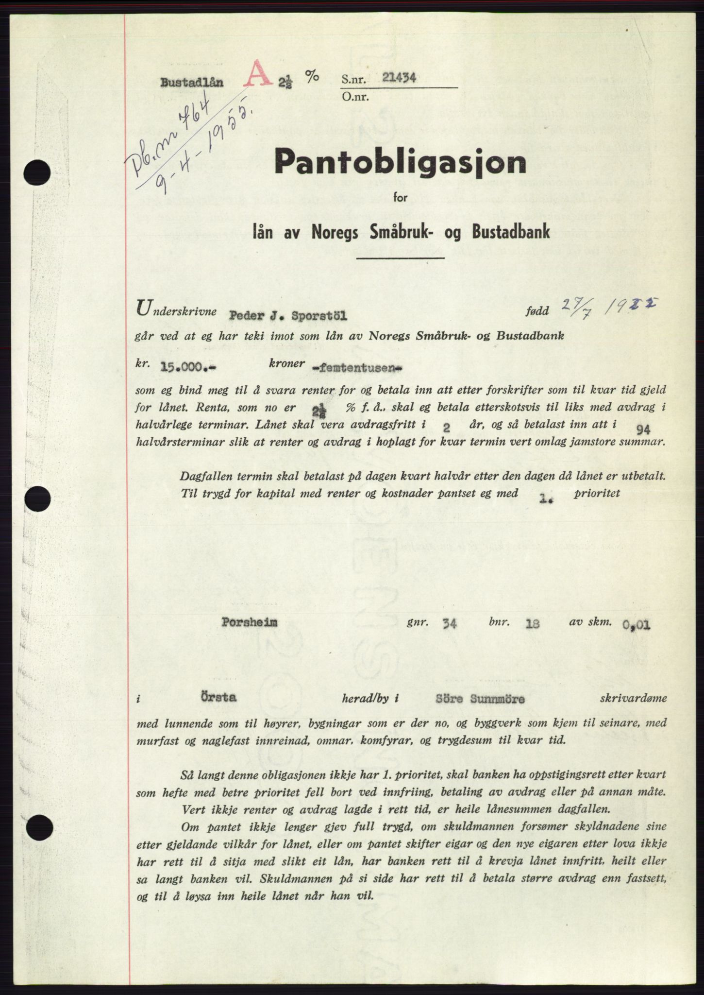 Søre Sunnmøre sorenskriveri, AV/SAT-A-4122/1/2/2C/L0126: Mortgage book no. 14B, 1954-1955, Diary no: : 764/1955