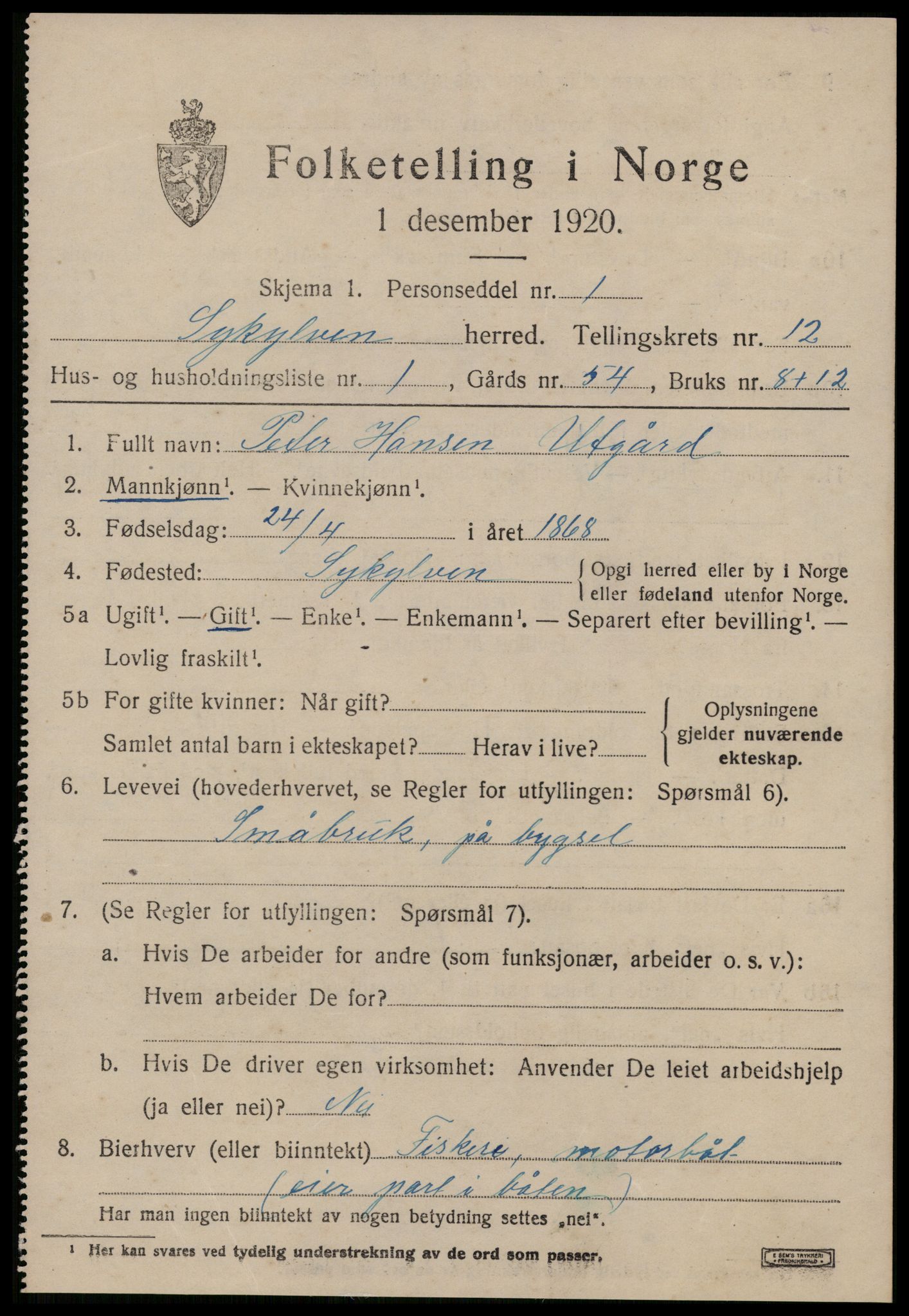 SAT, 1920 census for Sykkylven, 1920, p. 5685