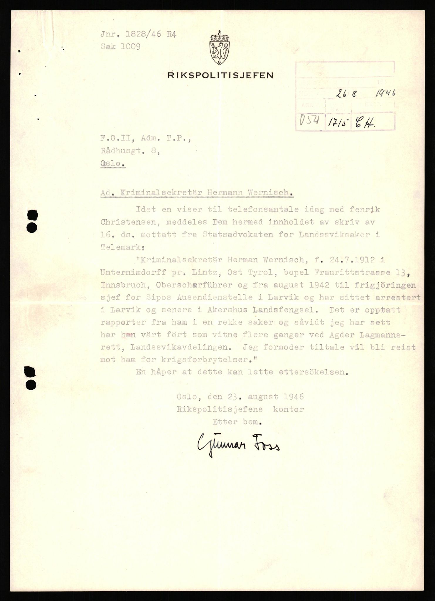 Forsvaret, Forsvarets overkommando II, AV/RA-RAFA-3915/D/Db/L0040: CI Questionaires. Tyske okkupasjonsstyrker i Norge. Østerrikere., 1945-1946, p. 409