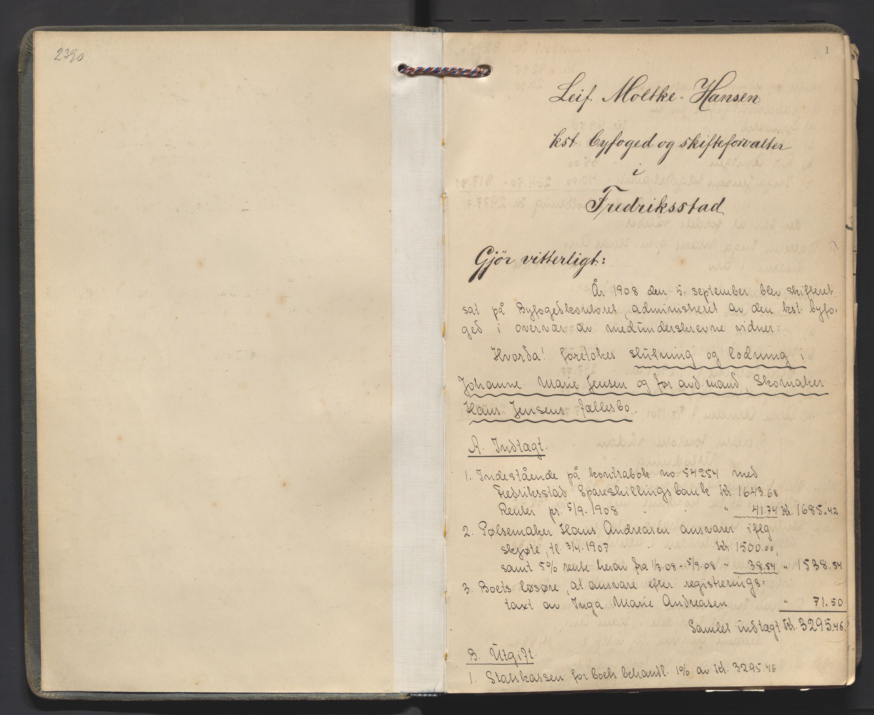Fredrikstad byfogd, AV/SAO-A-10473a/H/He/L0004: Skifteutlodningsprotokoll, 1908-1917, p. 1