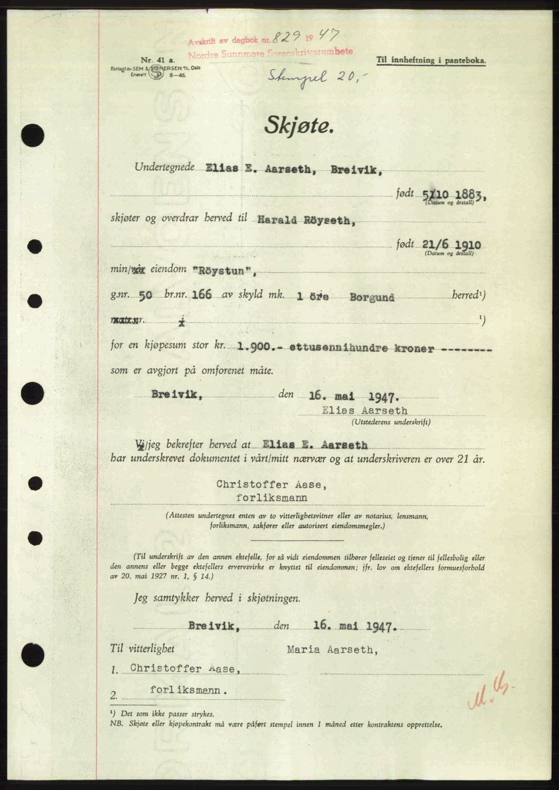 Nordre Sunnmøre sorenskriveri, AV/SAT-A-0006/1/2/2C/2Ca: Mortgage book no. A24, 1947-1947, Diary no: : 829/1947