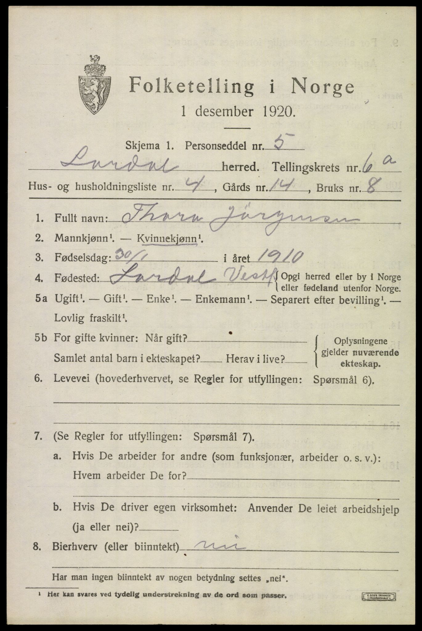 SAKO, 1920 census for Lardal, 1920, p. 5581