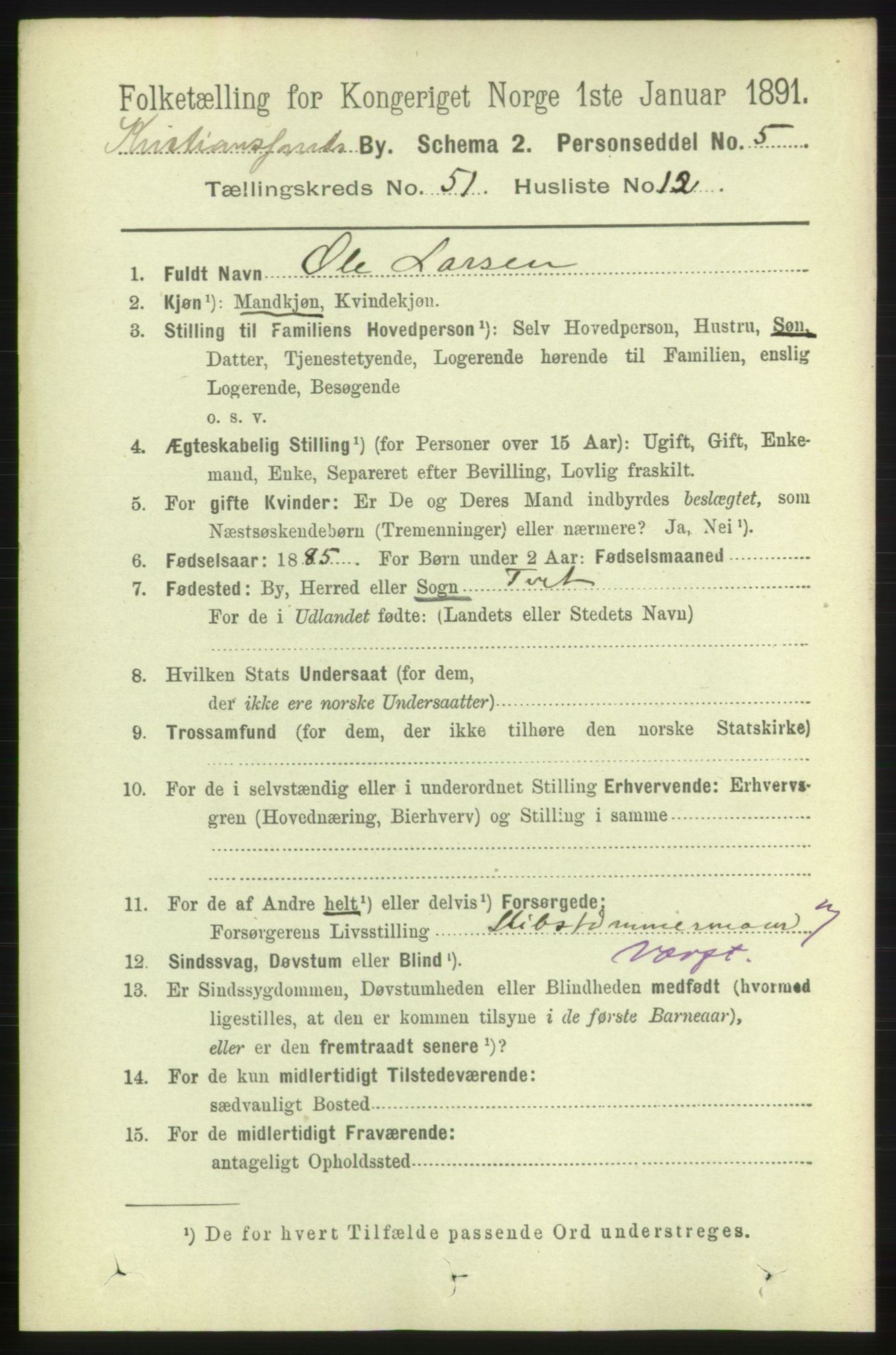 RA, 1891 census for 1001 Kristiansand, 1891, p. 15128