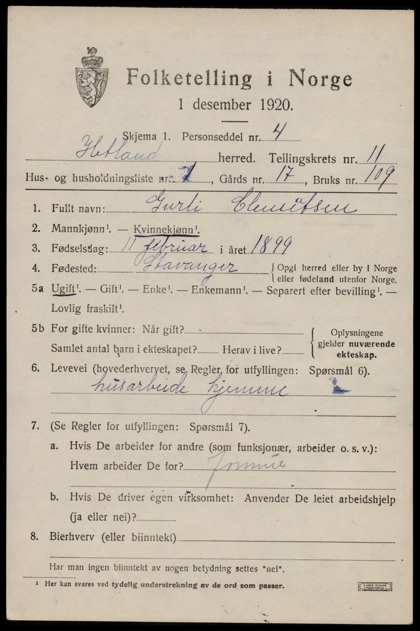 SAST, 1920 census for Hetland, 1920, p. 19937