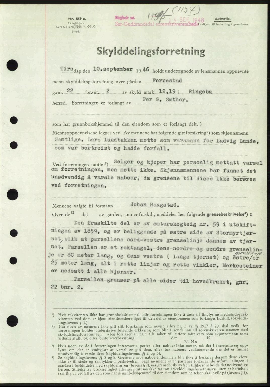 Sør-Gudbrandsdal tingrett, SAH/TING-004/H/Hb/Hbd/L0016: Mortgage book no. A16, 1946-1946, Diary no: : 1134/1946