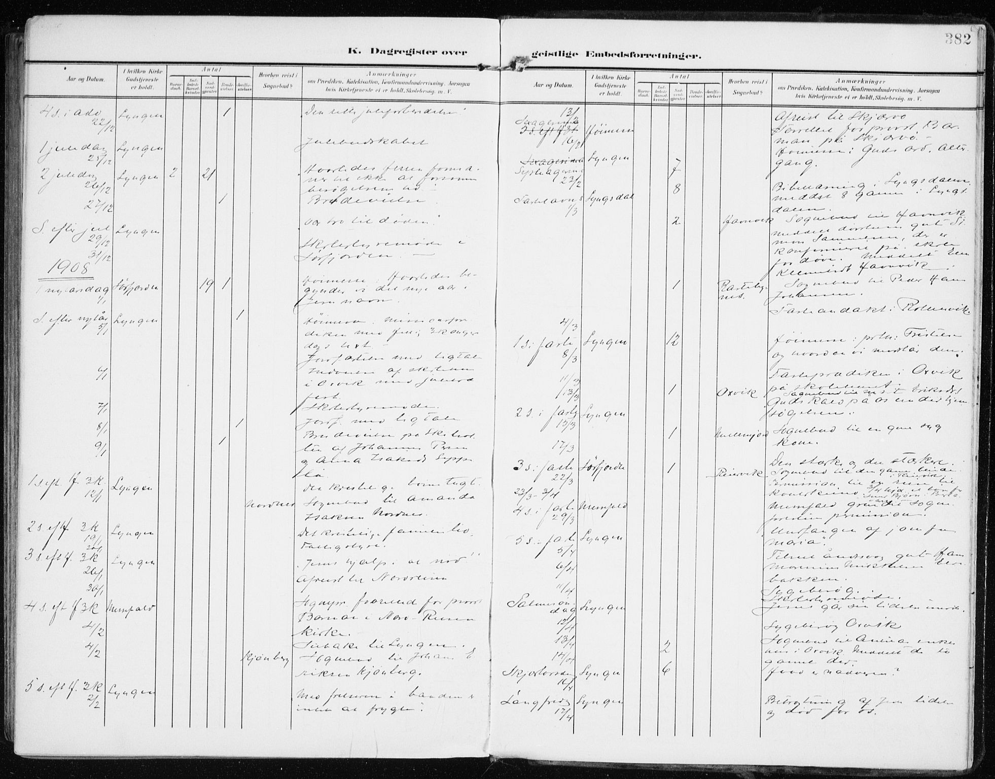 Lyngen sokneprestembete, SATØ/S-1289/H/He/Hea/L0011kirke: Parish register (official) no. 11, 1903-1913, p. 382