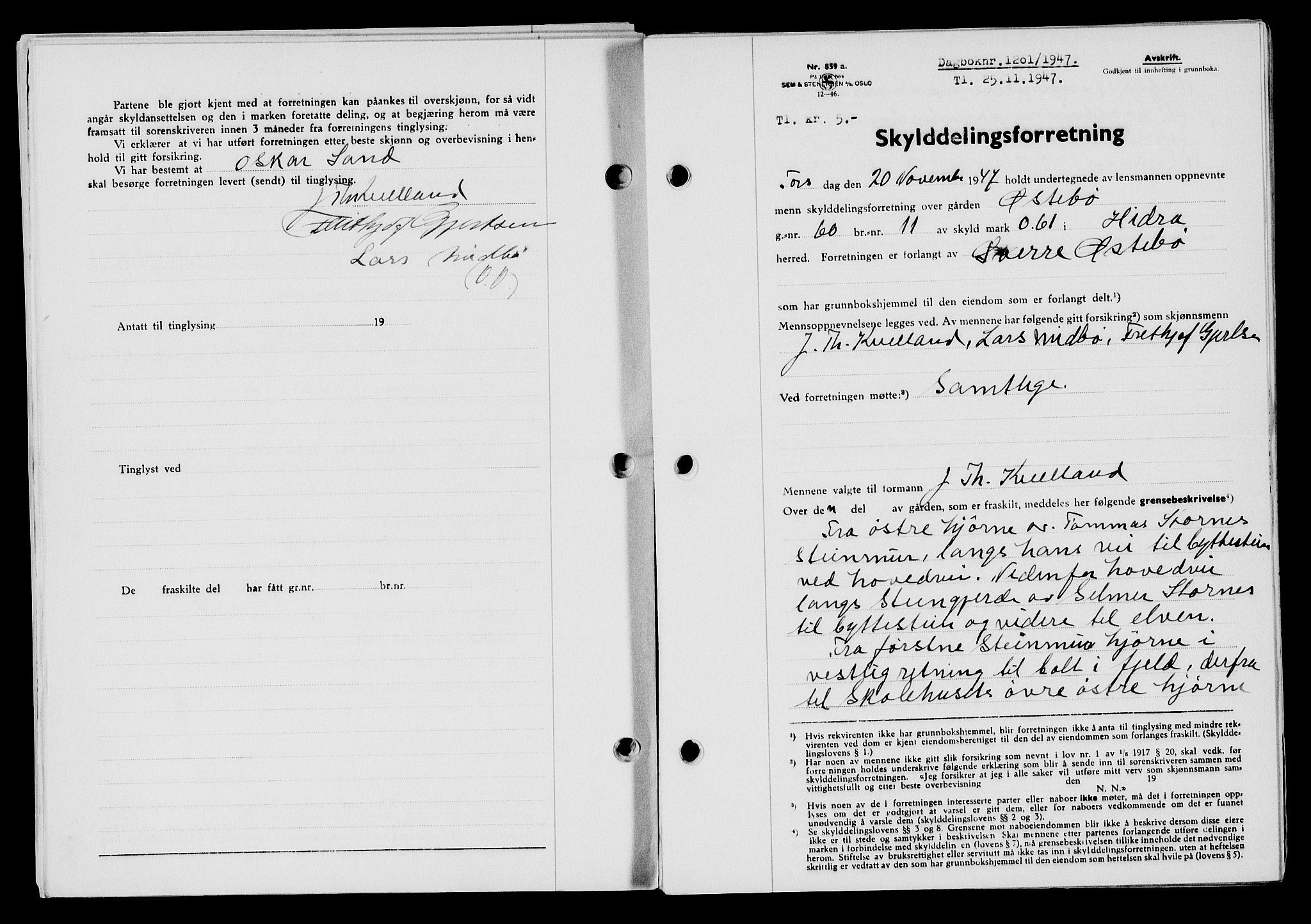 Flekkefjord sorenskriveri, SAK/1221-0001/G/Gb/Gba/L0063: Mortgage book no. A-11, 1947-1948, Diary no: : 1201/1947