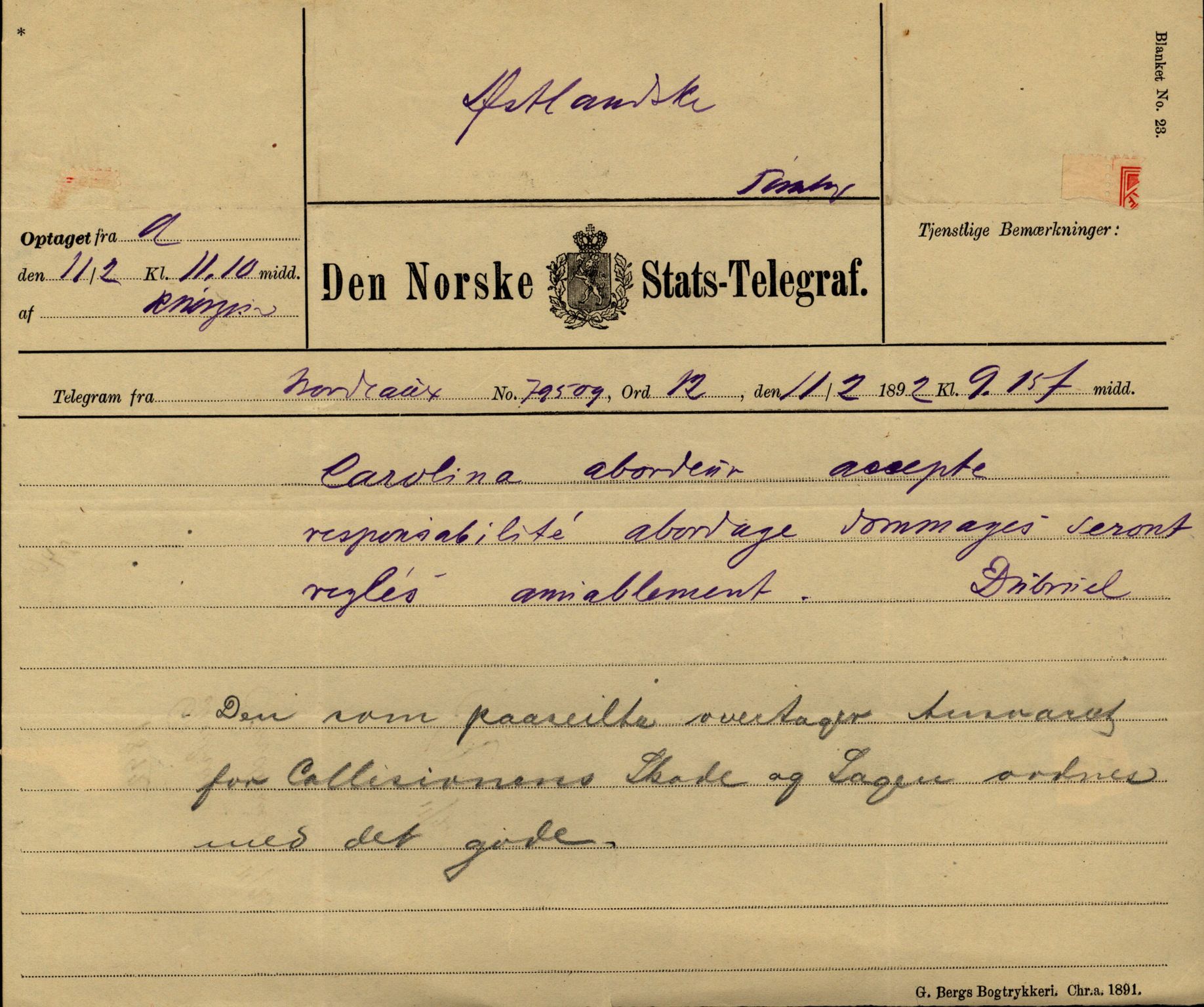Pa 63 - Østlandske skibsassuranceforening, VEMU/A-1079/G/Ga/L0028/0005: Havaridokumenter / Tjømø, Magnolia, Caroline, Olaf, Stjernen, 1892, p. 77