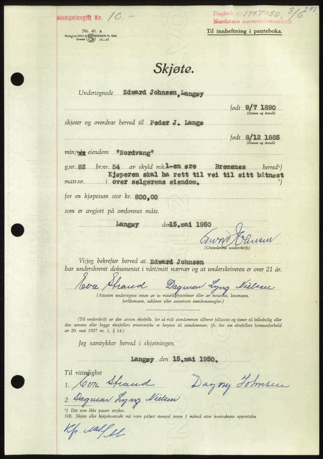 Nordmøre sorenskriveri, AV/SAT-A-4132/1/2/2Ca: Mortgage book no. A115, 1950-1950, Diary no: : 1727/1950