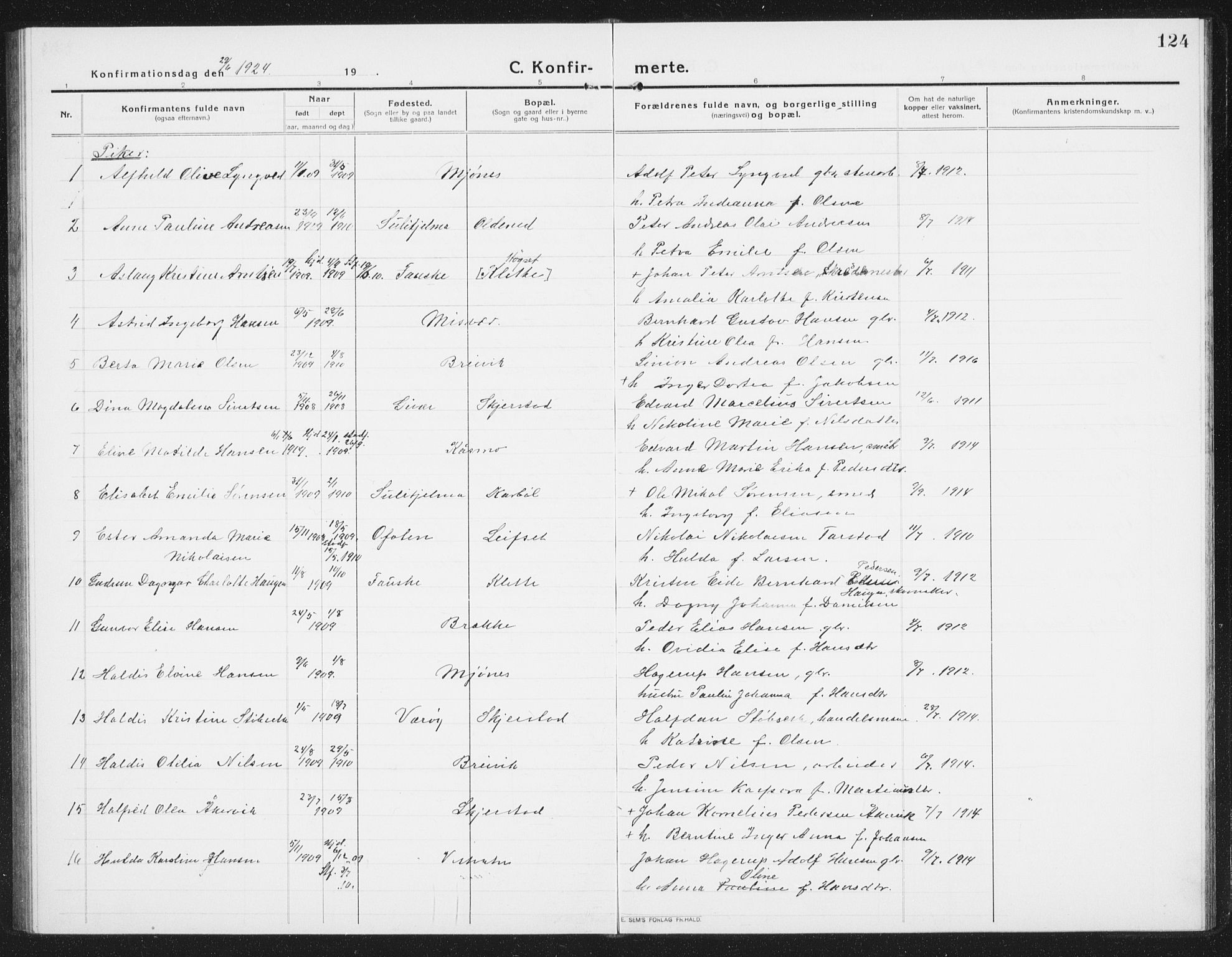 Ministerialprotokoller, klokkerbøker og fødselsregistre - Nordland, AV/SAT-A-1459/852/L0757: Parish register (copy) no. 852C08, 1916-1934, p. 124