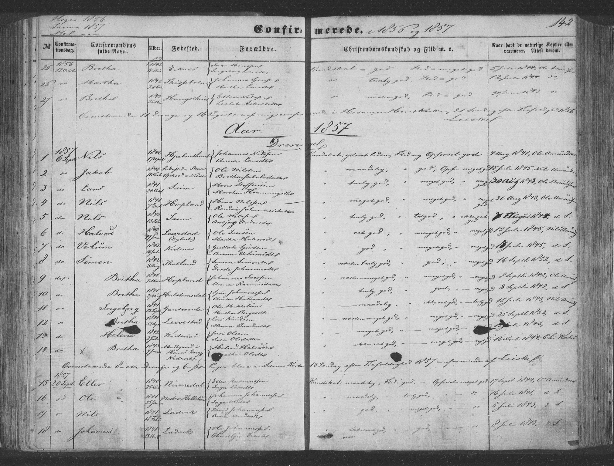 Hosanger sokneprestembete, AV/SAB-A-75801/H/Haa: Parish register (official) no. A 8, 1849-1863, p. 142
