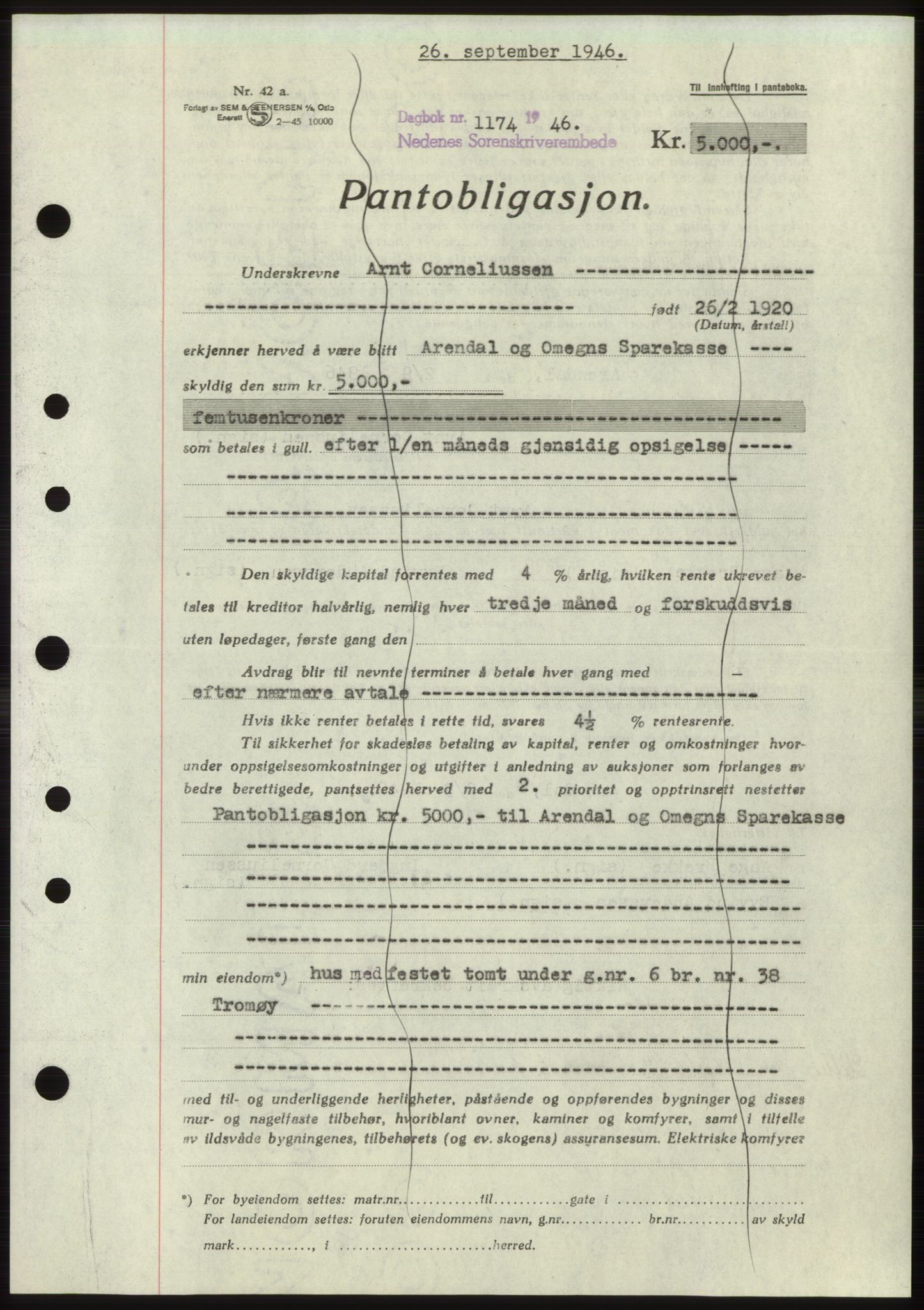 Nedenes sorenskriveri, SAK/1221-0006/G/Gb/Gbb/L0003: Mortgage book no. B3b, 1946-1946, Diary no: : 1174/1946