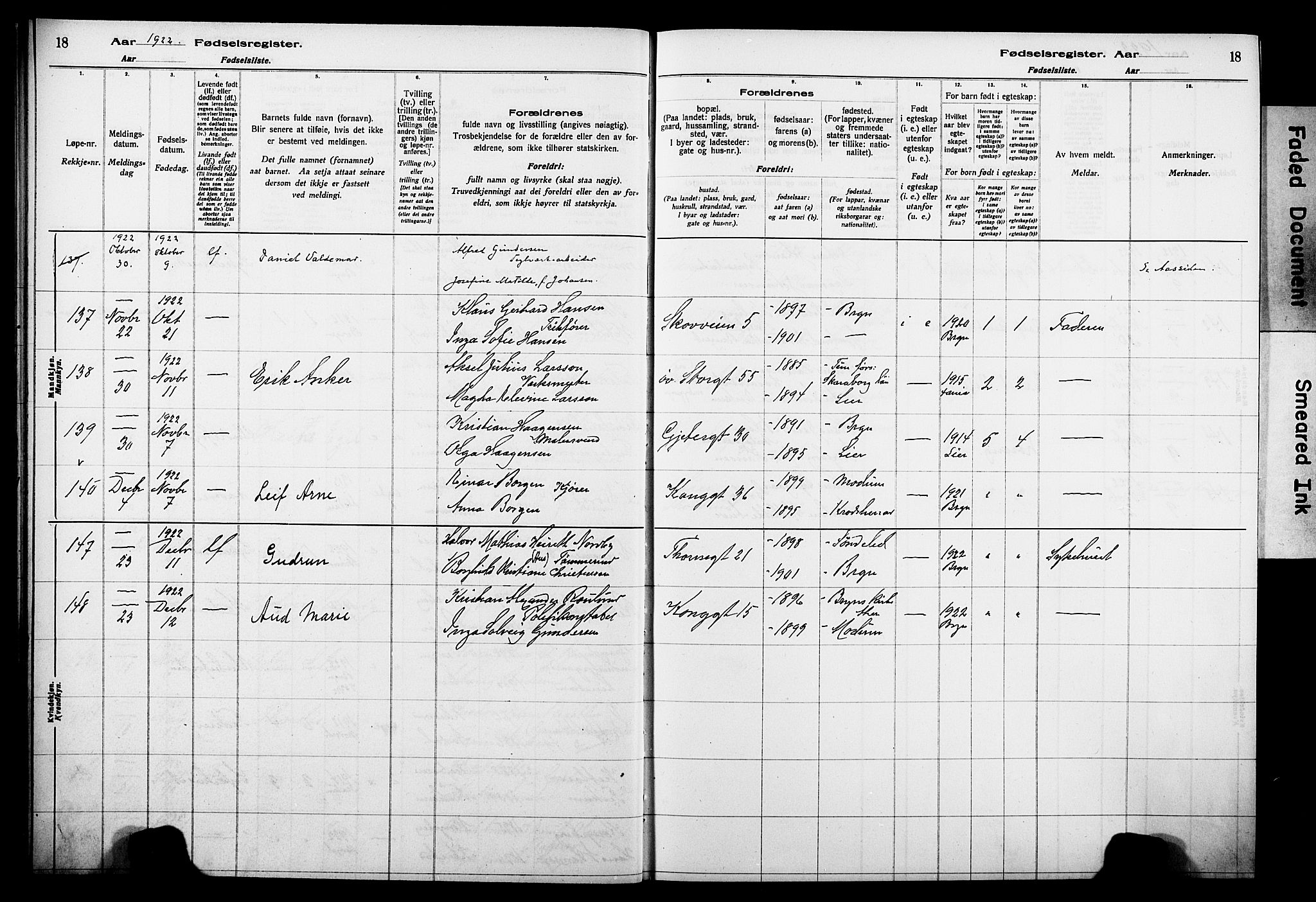 Bragernes kirkebøker, AV/SAKO-A-6/J/Ja/L0002: Birth register no. 2, 1922-1930, p. 18