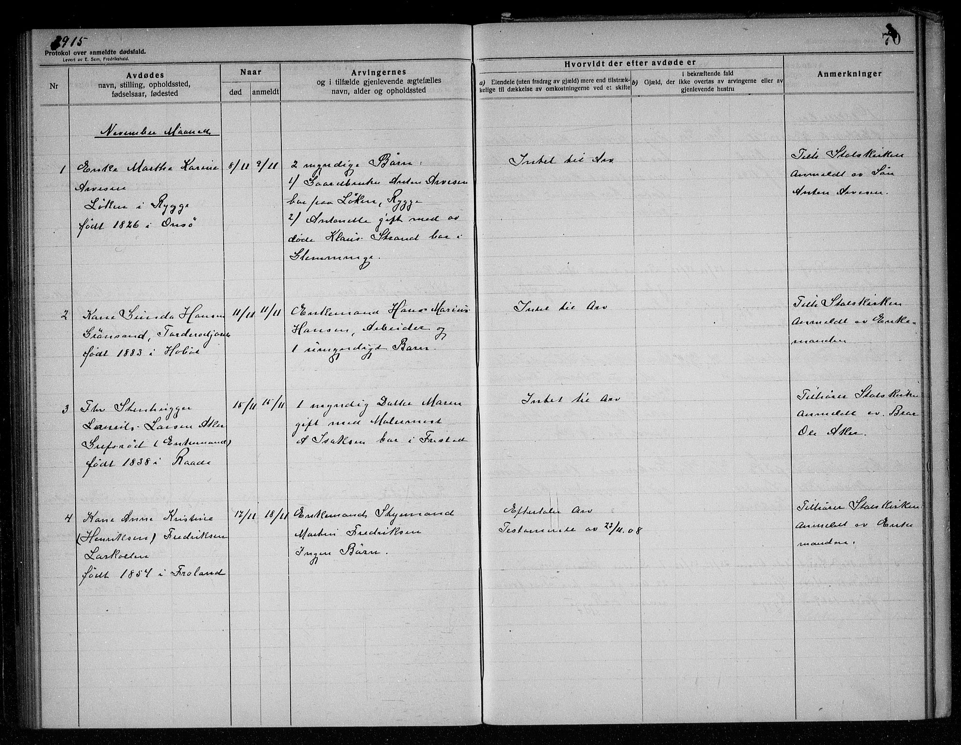 Rygge lensmannskontor, SAO/A-10005/H/Ha/Haa/L0005: Dødsfallsprotokoll, 1912-1916, p. 70
