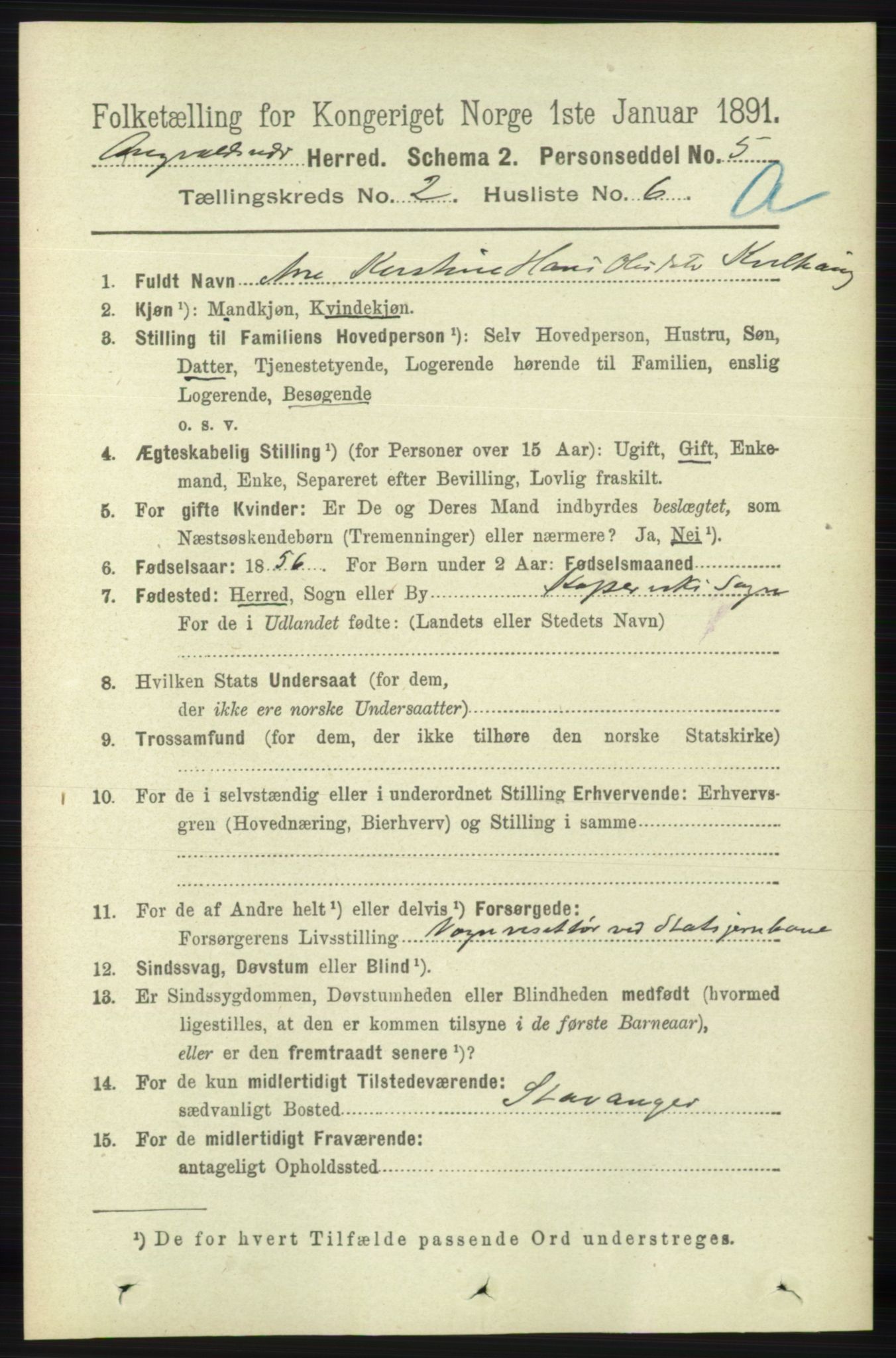 RA, 1891 census for 1147 Avaldsnes, 1891, p. 861