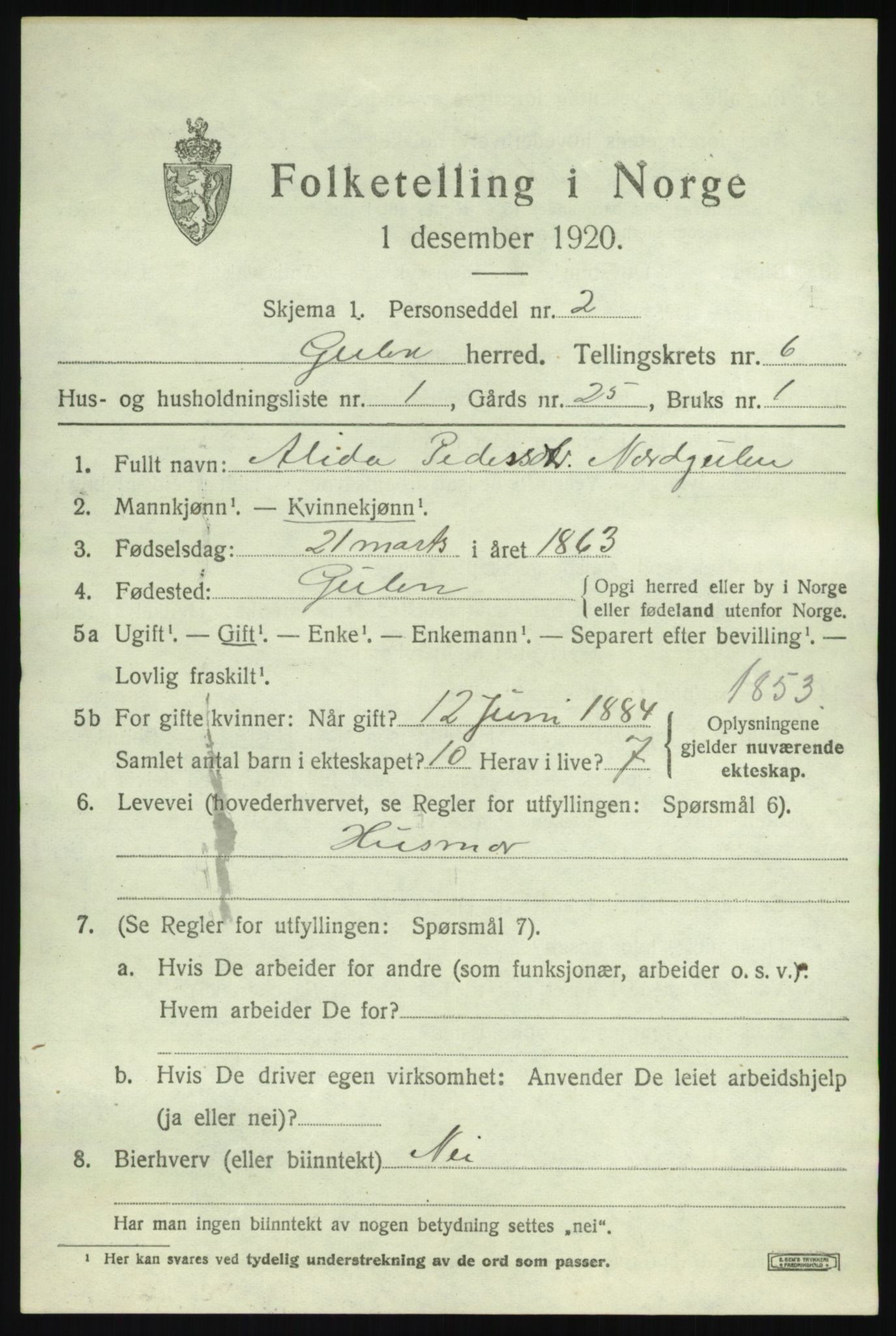 SAB, 1920 census for Gulen, 1920, p. 2599