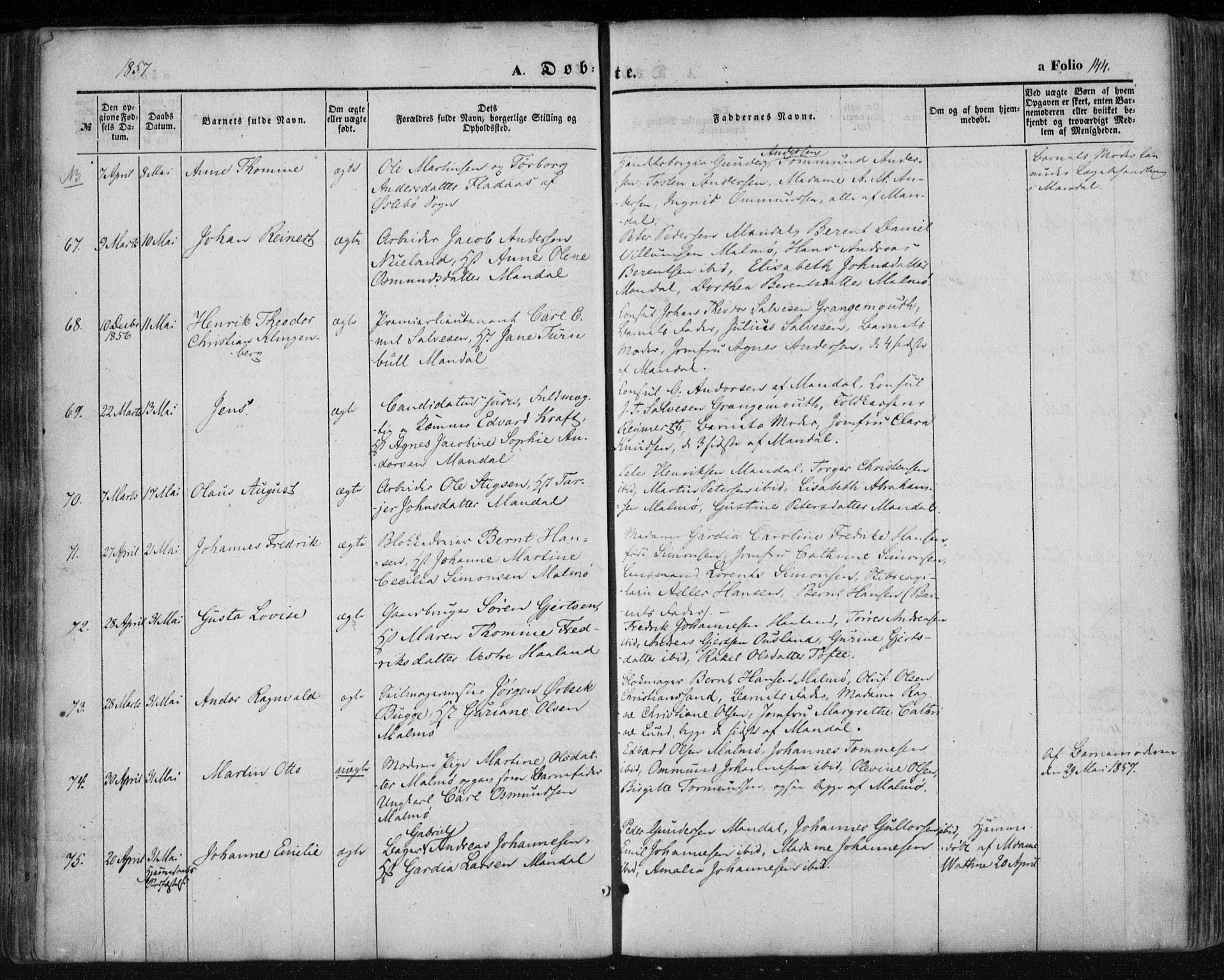 Mandal sokneprestkontor, SAK/1111-0030/F/Fa/Faa/L0013: Parish register (official) no. A 13, 1847-1859, p. 144