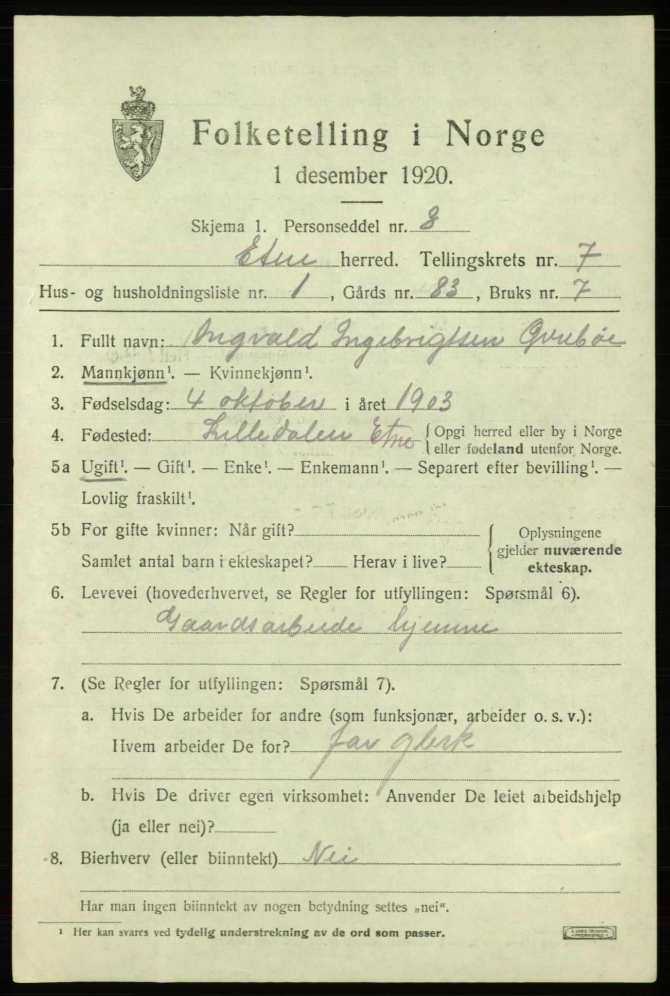 SAB, 1920 census for Etne, 1920, p. 3181