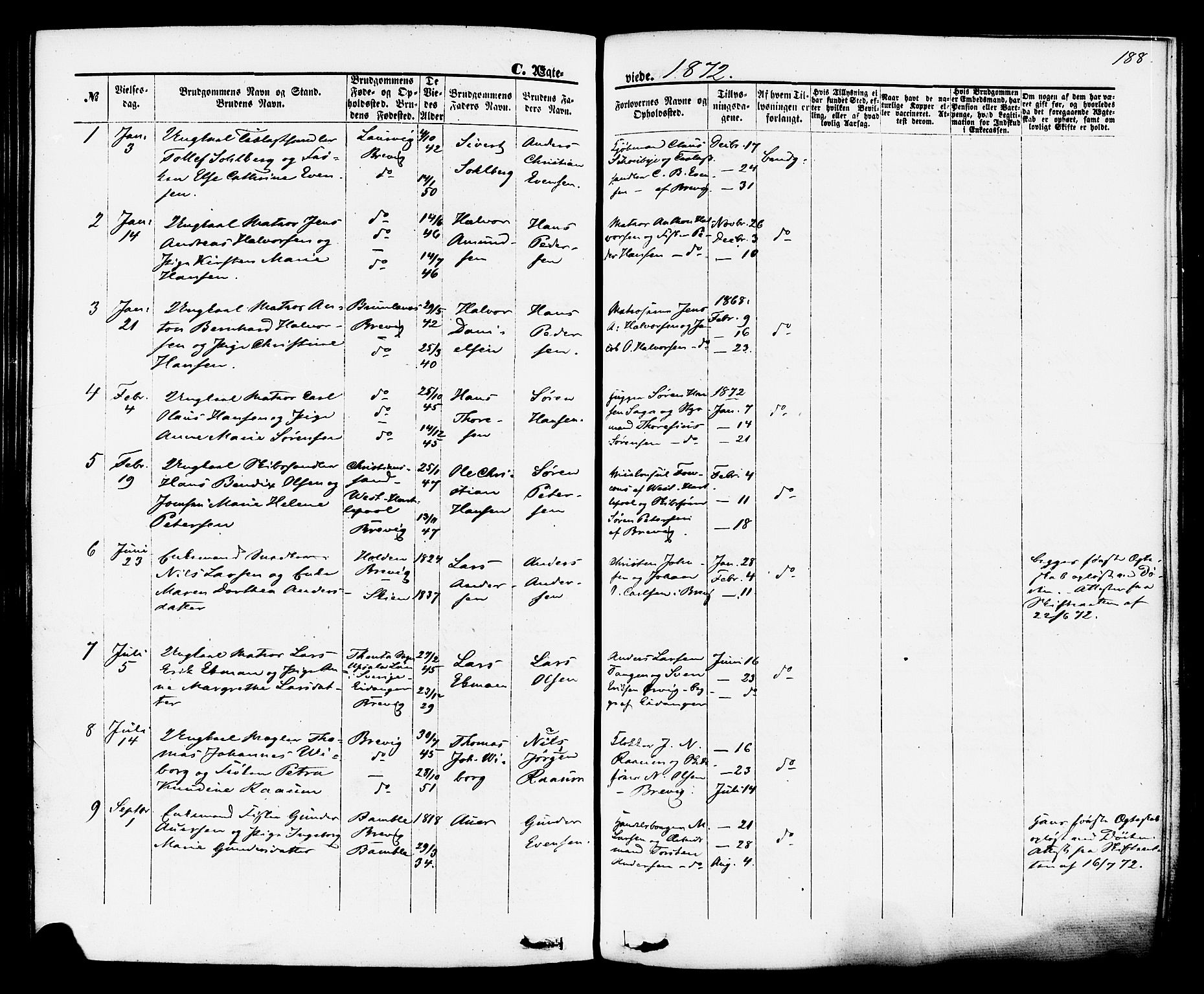 Brevik kirkebøker, SAKO/A-255/F/Fa/L0006: Parish register (official) no. 6, 1866-1881, p. 188