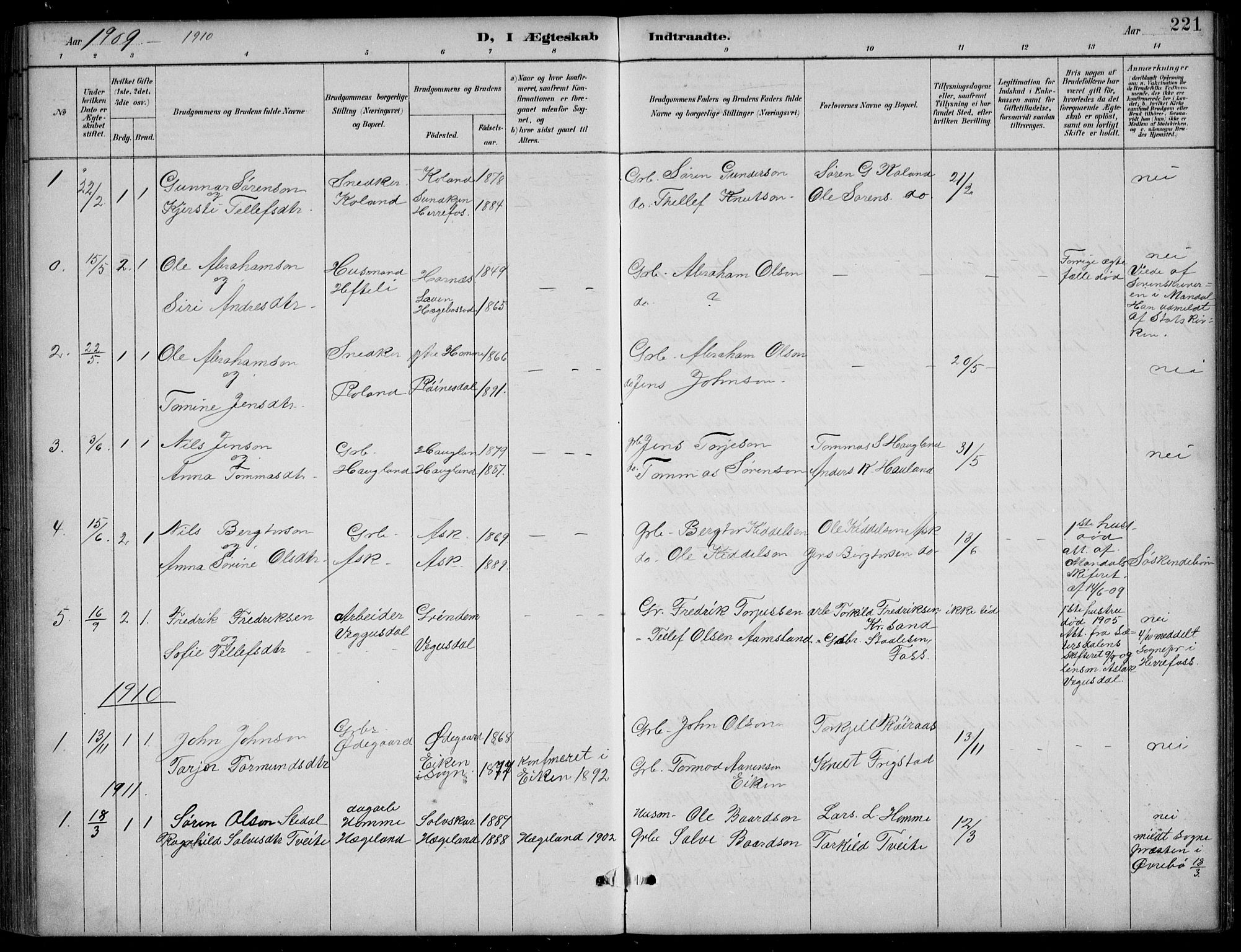 Bjelland sokneprestkontor, SAK/1111-0005/F/Fb/Fba/L0005: Parish register (copy) no. B 5, 1887-1923, p. 221