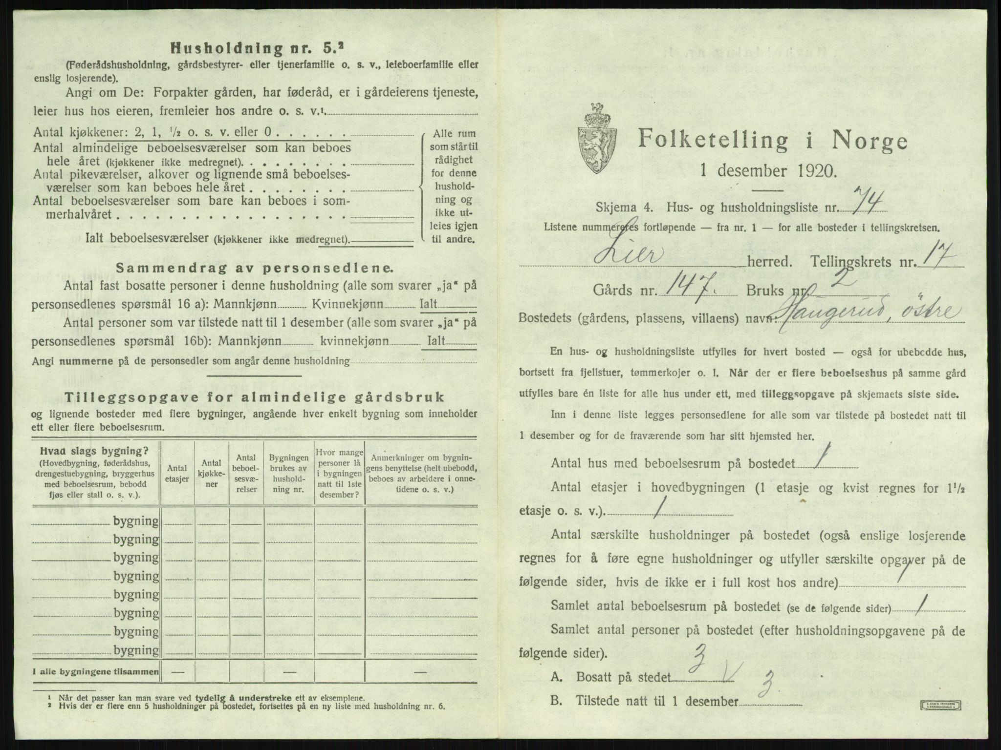 SAKO, 1920 census for Lier, 1920, p. 3045