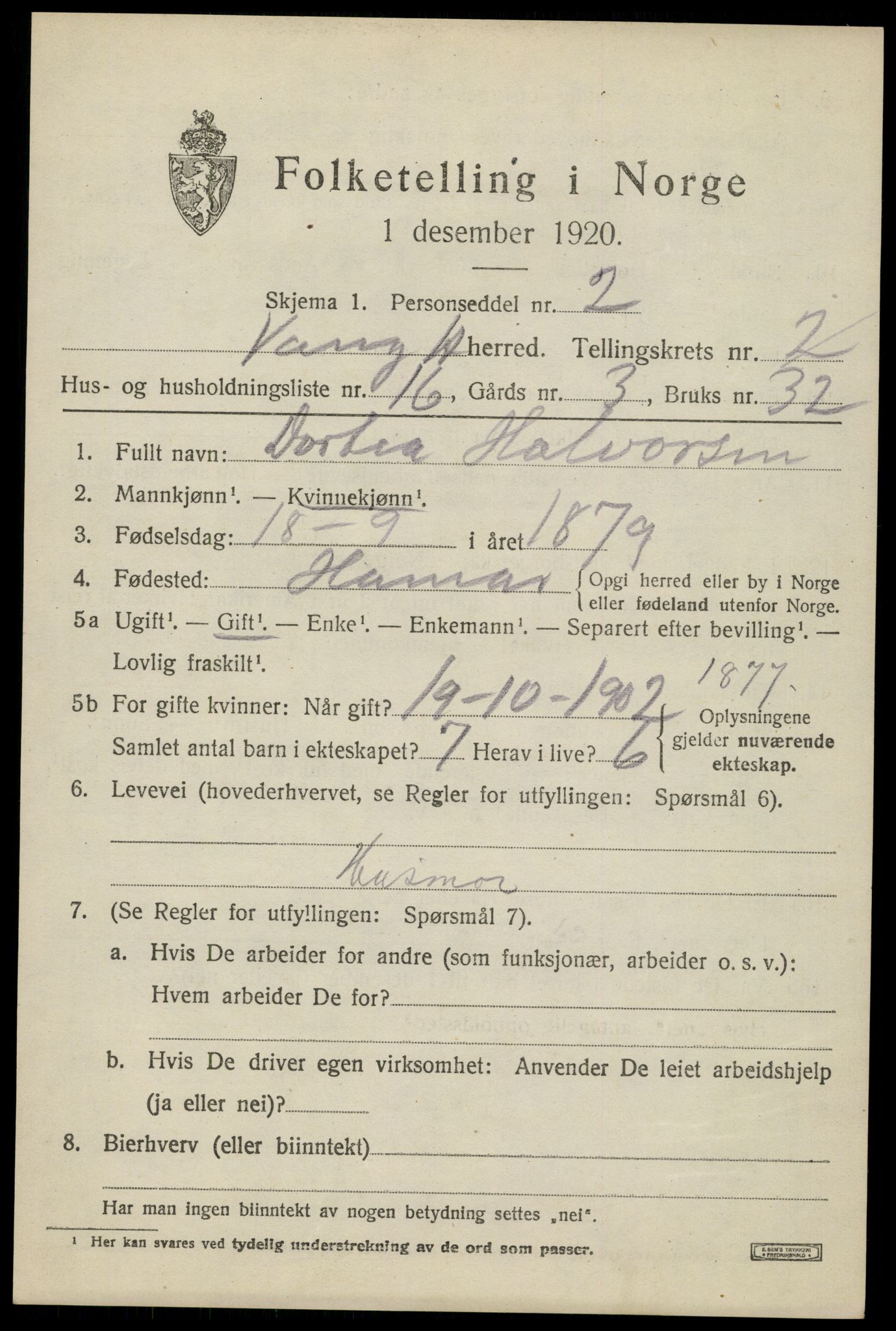 SAH, 1920 census for Vang (Hedmark), 1920, p. 6445