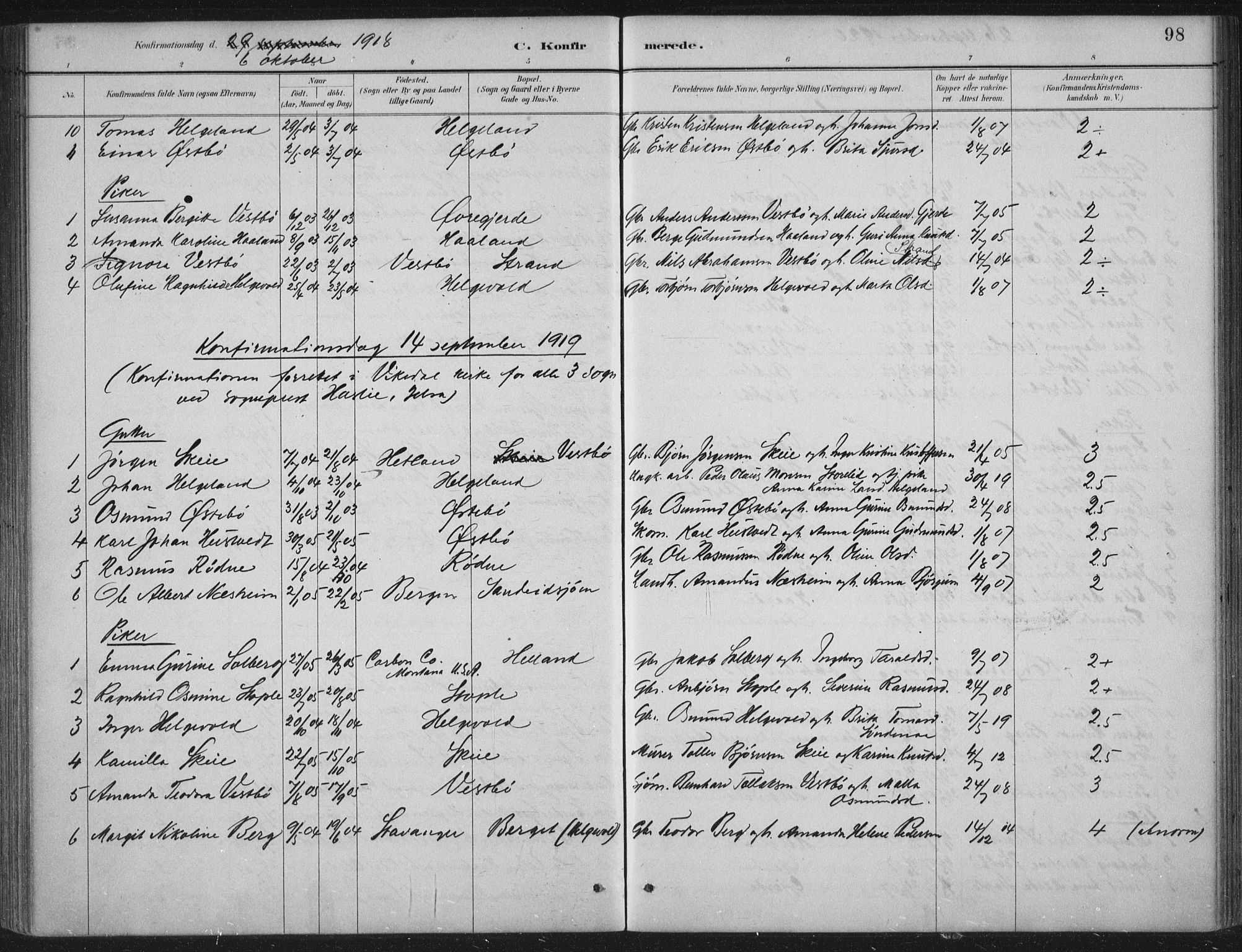 Vikedal sokneprestkontor, AV/SAST-A-101840/01/IV: Parish register (official) no. A 11, 1884-1933, p. 98