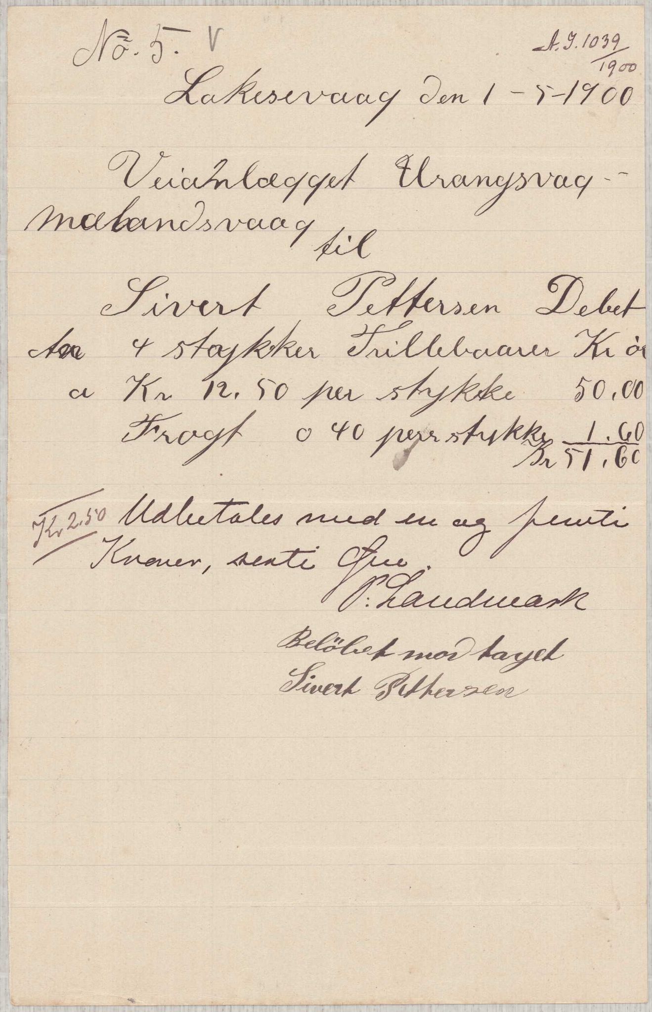 Finnaas kommune. Formannskapet, IKAH/1218a-021/E/Ea/L0002/0001: Rekneskap for veganlegg / Rekneskap for veganlegget Urangsvåg - Mælandsvåg, 1898-1900, p. 142