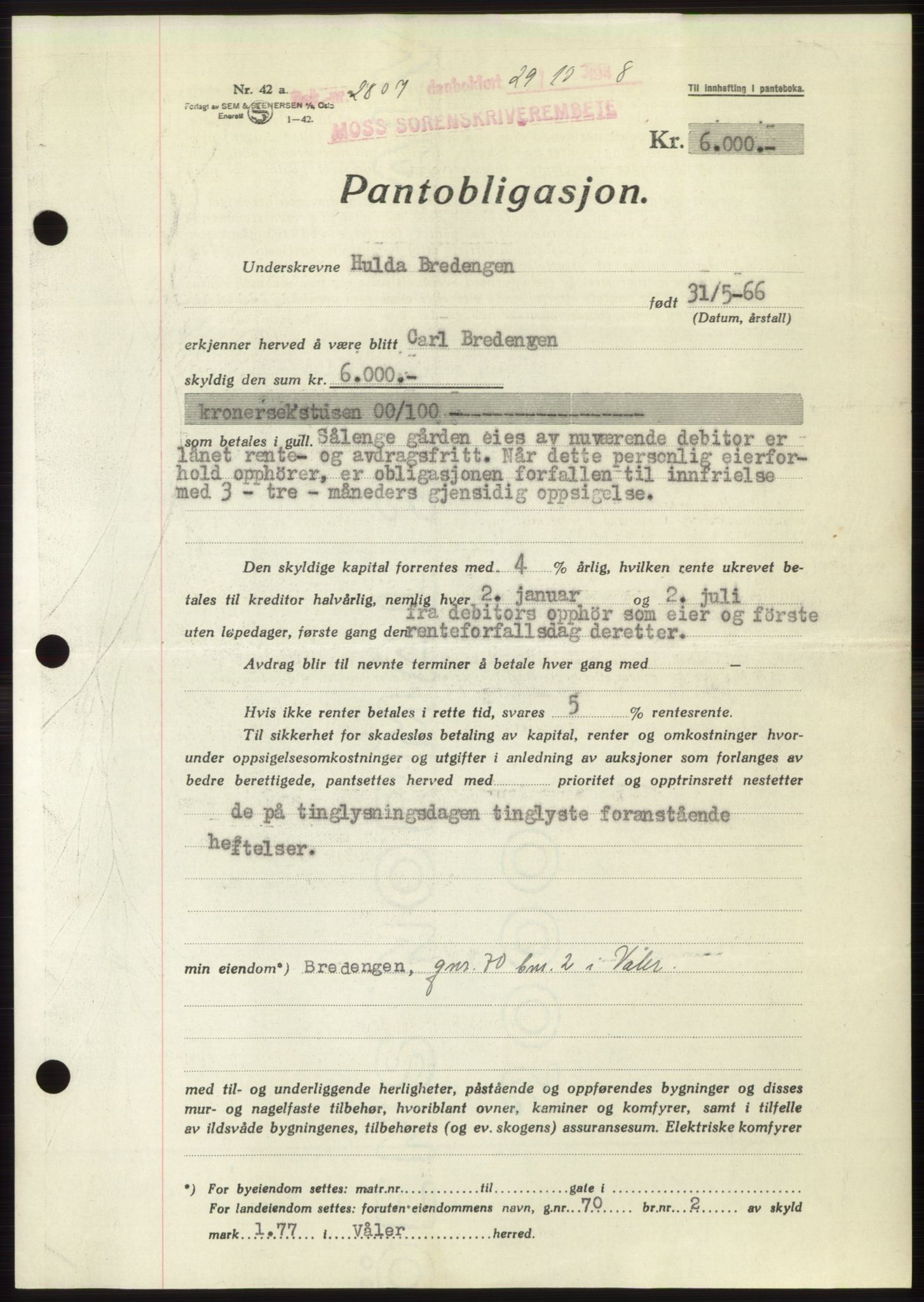 Moss sorenskriveri, AV/SAO-A-10168: Mortgage book no. B20, 1948-1948, Diary no: : 2807/1948