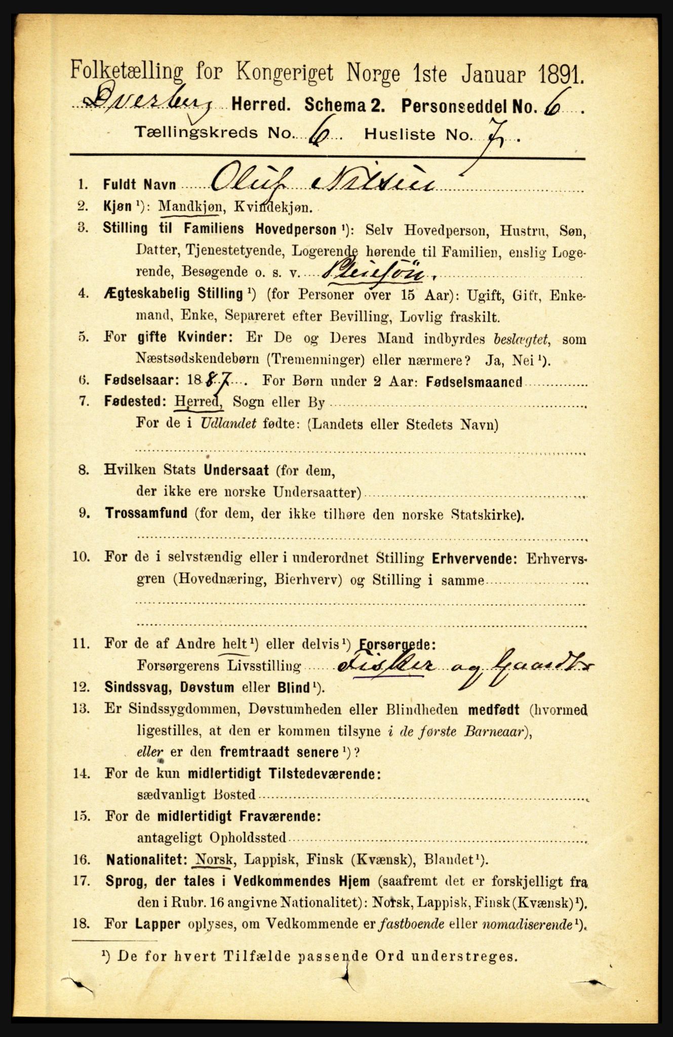 RA, 1891 census for 1872 Dverberg, 1891, p. 2172