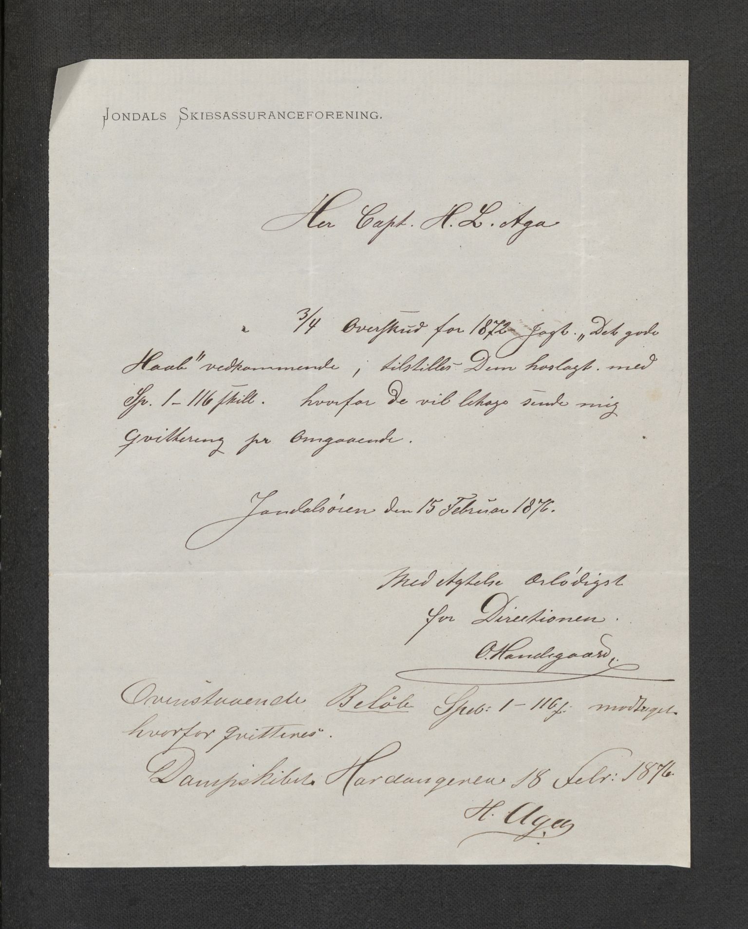 Jondal Skipsassuranseforening, AV/SAB-SAB/PA-0276/E/L0067: Korrespondanse , 1875