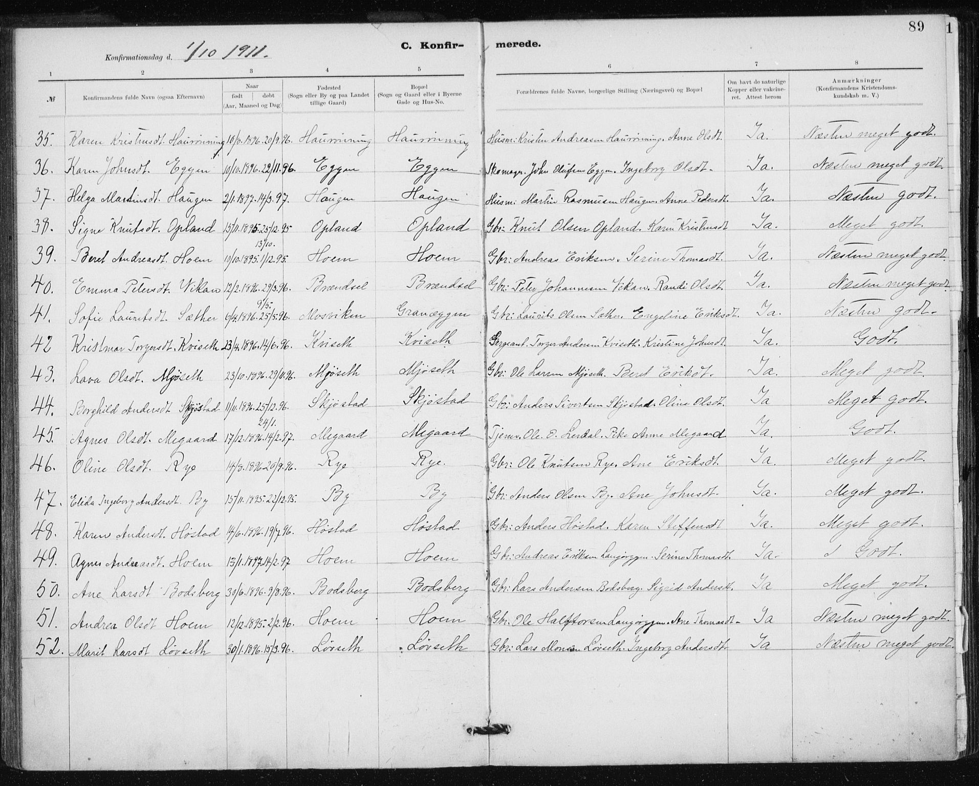 Ministerialprotokoller, klokkerbøker og fødselsregistre - Sør-Trøndelag, AV/SAT-A-1456/612/L0381: Parish register (official) no. 612A13, 1907-1923, p. 89