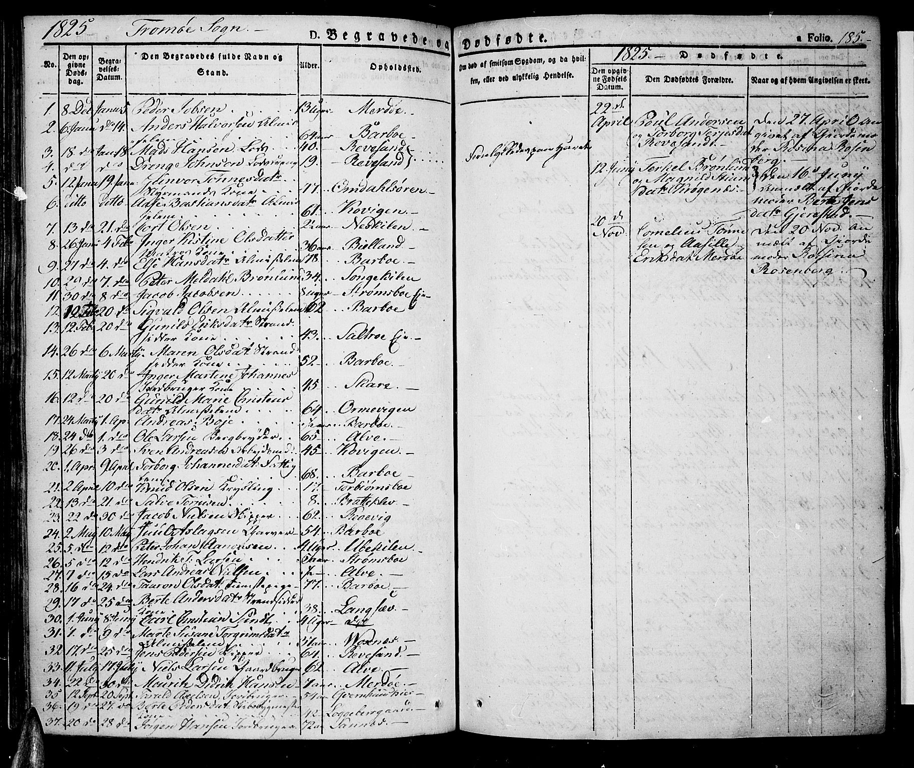 Tromøy sokneprestkontor, SAK/1111-0041/F/Fa/L0003: Parish register (official) no. A 3, 1825-1837, p. 185