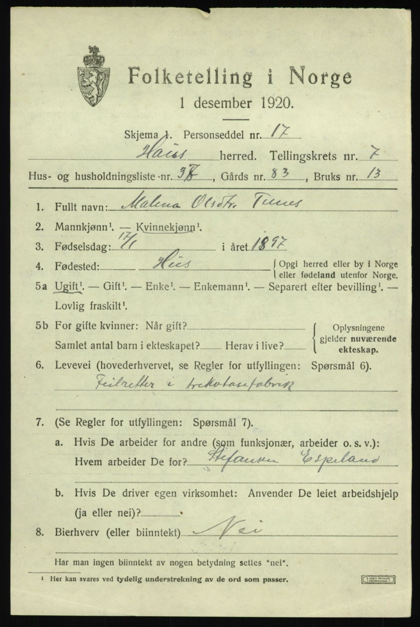 SAB, 1920 census for Haus, 1920, p. 4675