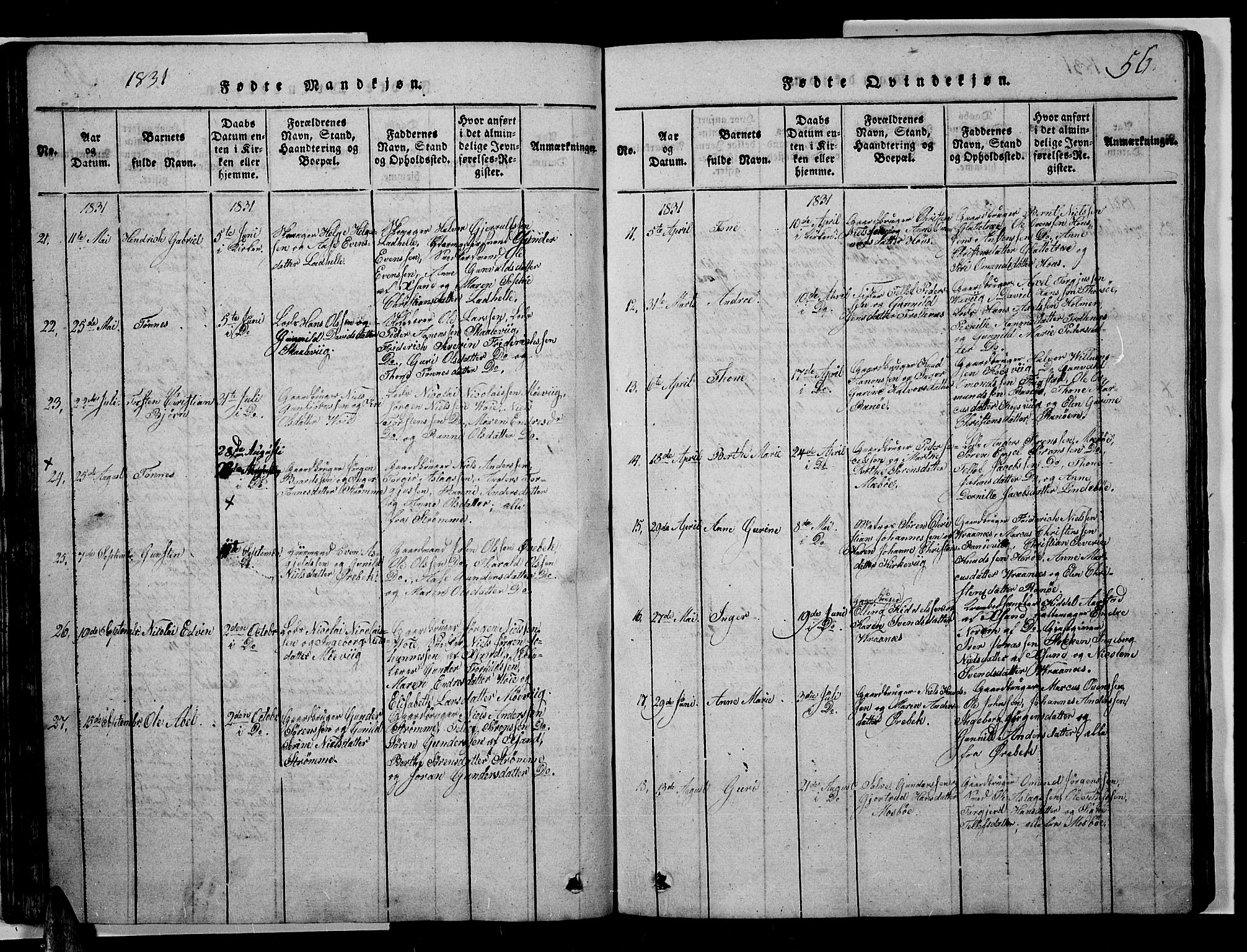 Oddernes sokneprestkontor, AV/SAK-1111-0033/F/Fb/Fba/L0003: Parish register (copy) no. B 3, 1820-1838, p. 56