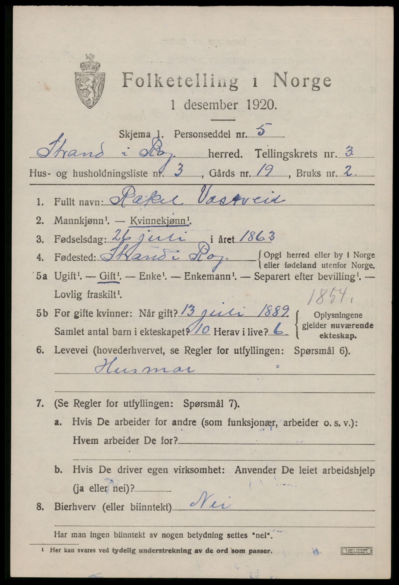 SAST, 1920 census for Strand, 1920, p. 2336