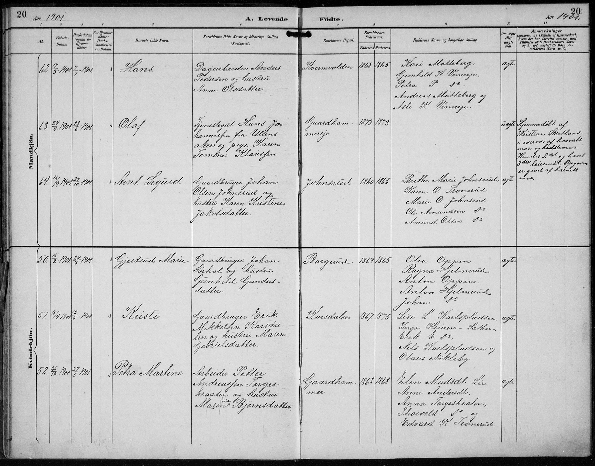 Lunder kirkebøker, AV/SAKO-A-629/F/Fb/L0001: Parish register (official) no. II 1, 1893-1916, p. 20