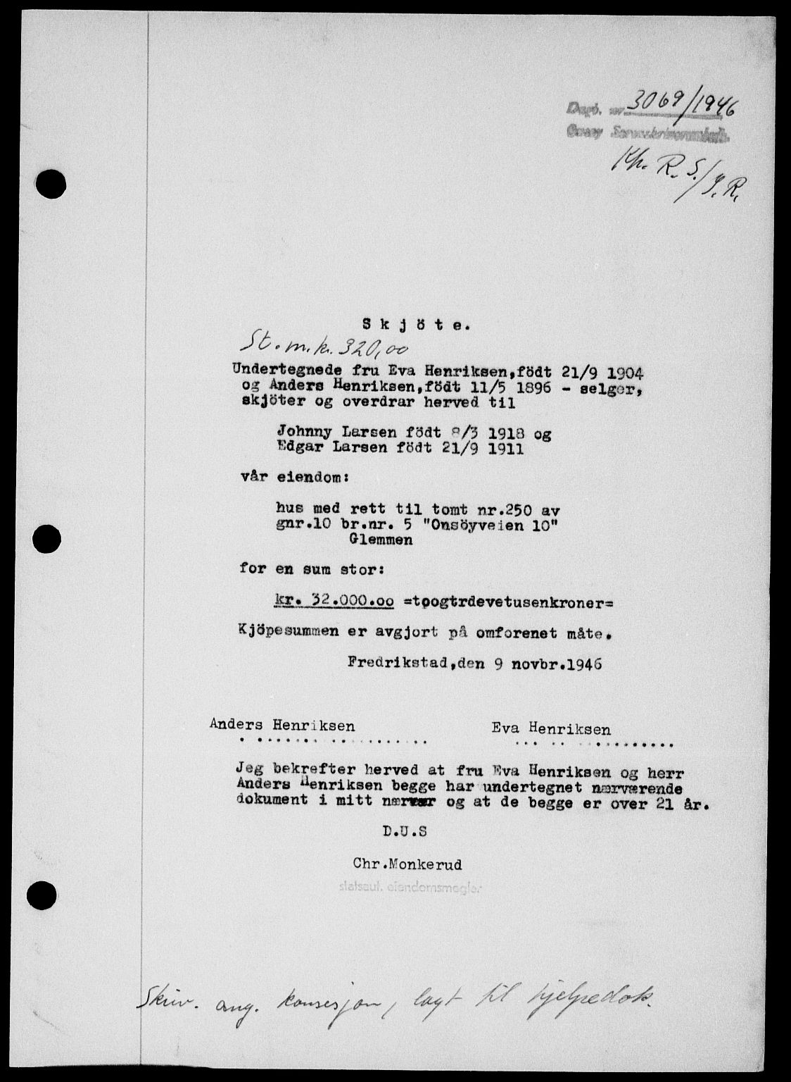 Onsøy sorenskriveri, SAO/A-10474/G/Ga/Gab/L0018: Mortgage book no. II A-18, 1946-1947, Diary no: : 3069/1946