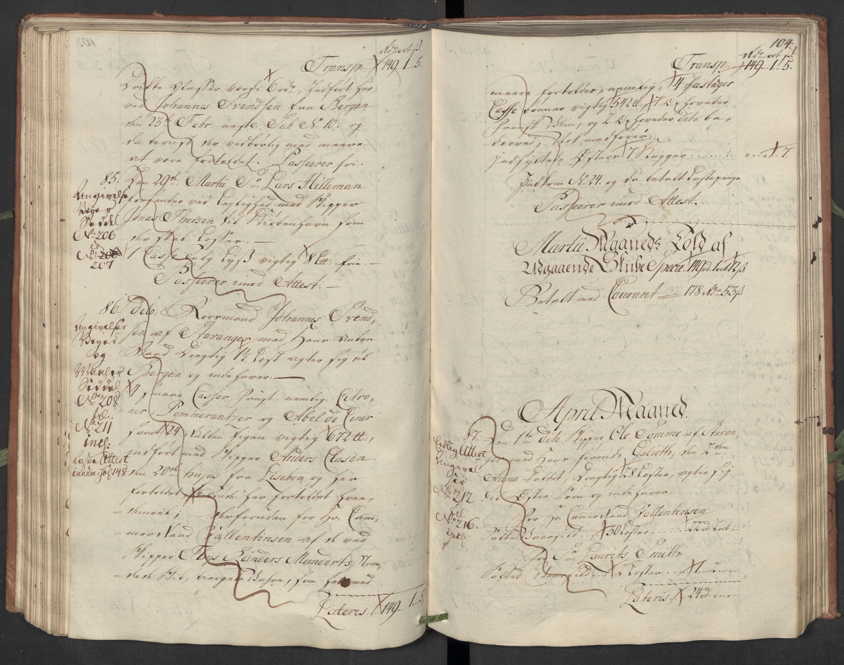Generaltollkammeret, tollregnskaper, AV/RA-EA-5490/R22/L0018/0001: Tollregnskaper Stavanger / Hovedtollbok, 1756, p. 103b-104a