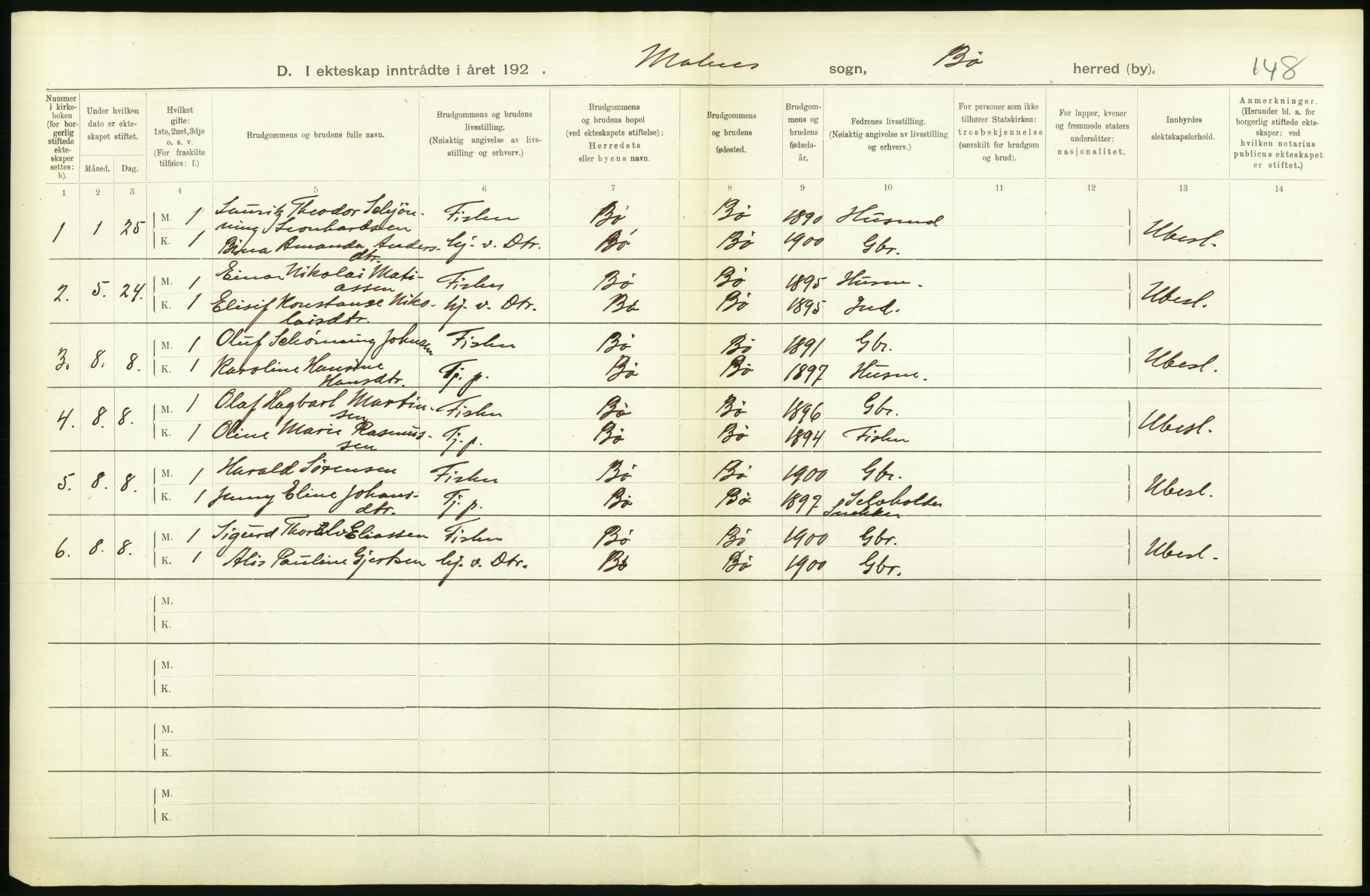 Statistisk sentralbyrå, Sosiodemografiske emner, Befolkning, AV/RA-S-2228/D/Df/Dfb/Dfbj/L0057: Nordland fylke: Gifte, dødfødte. Bygder og byer., 1920, p. 276