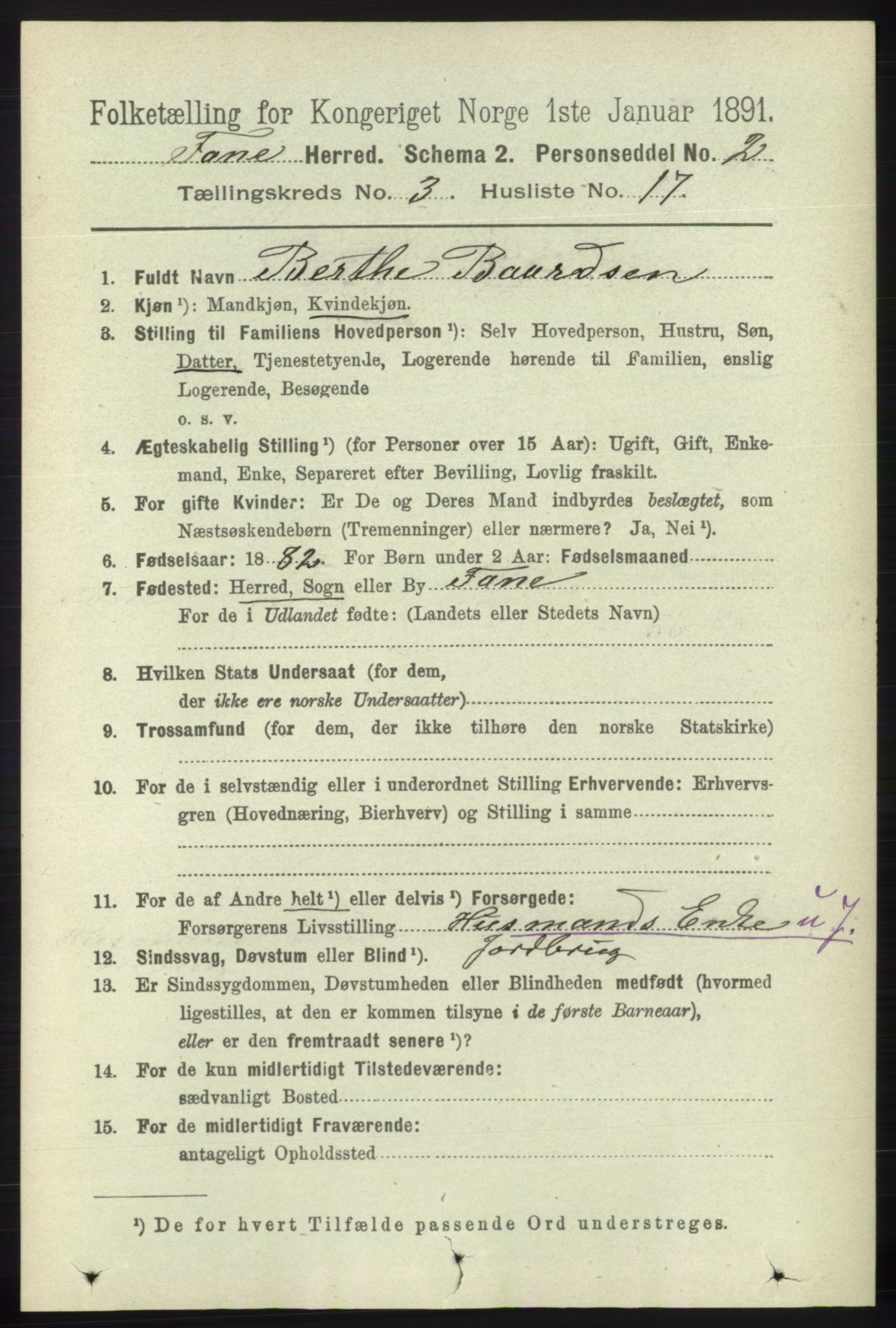 RA, 1891 census for 1249 Fana, 1891, p. 1001