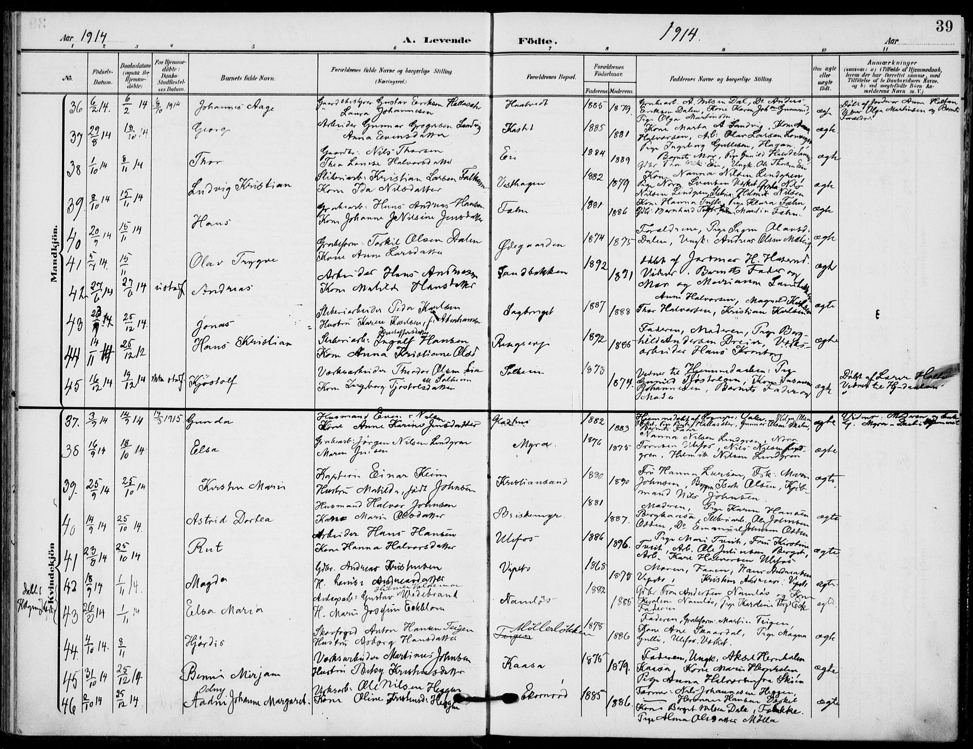 Holla kirkebøker, AV/SAKO-A-272/F/Fa/L0012: Parish register (official) no. 12, 1907-1923, p. 39