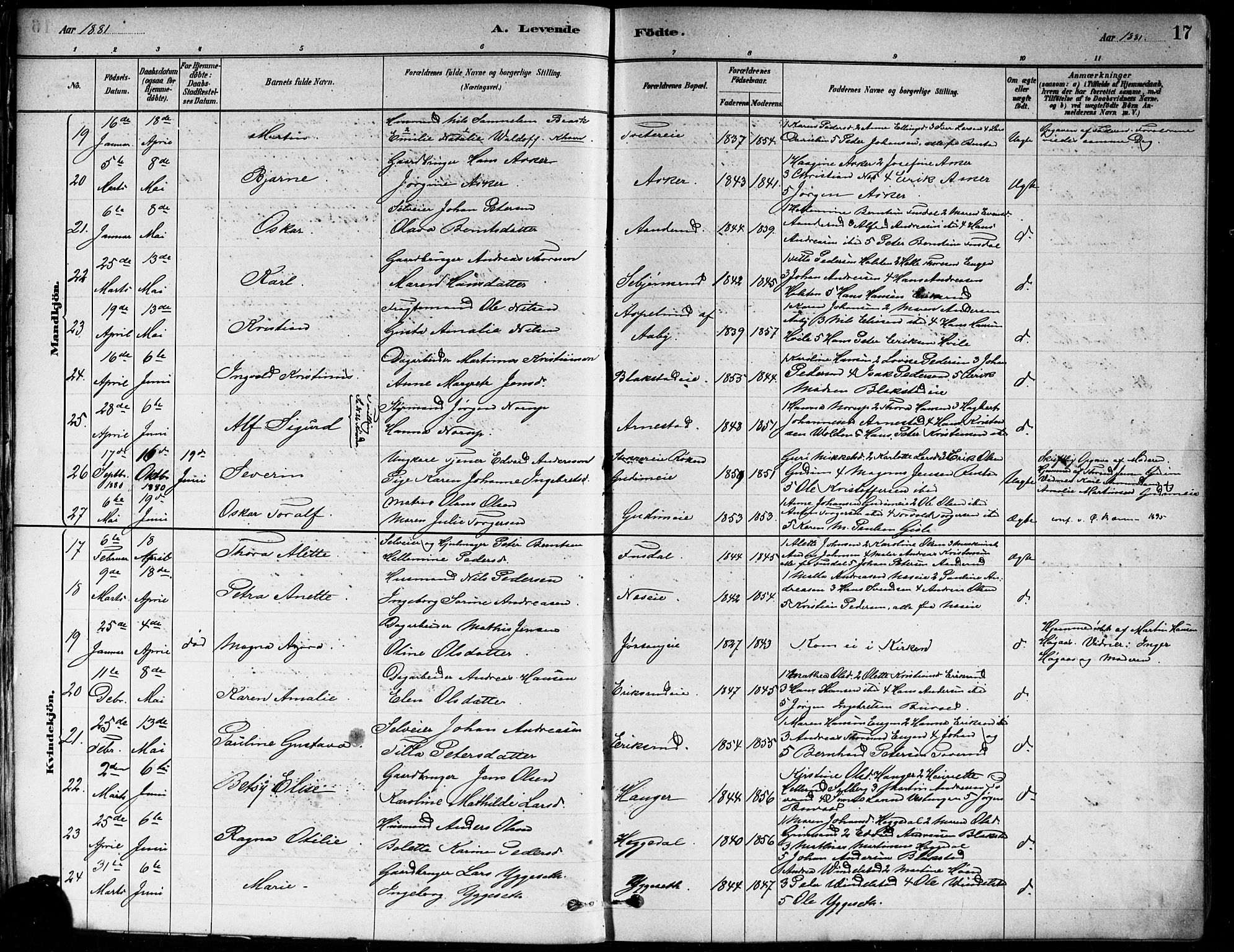 Asker prestekontor Kirkebøker, AV/SAO-A-10256a/F/Fa/L0013: Parish register (official) no. I 13, 1879-1896, p. 17