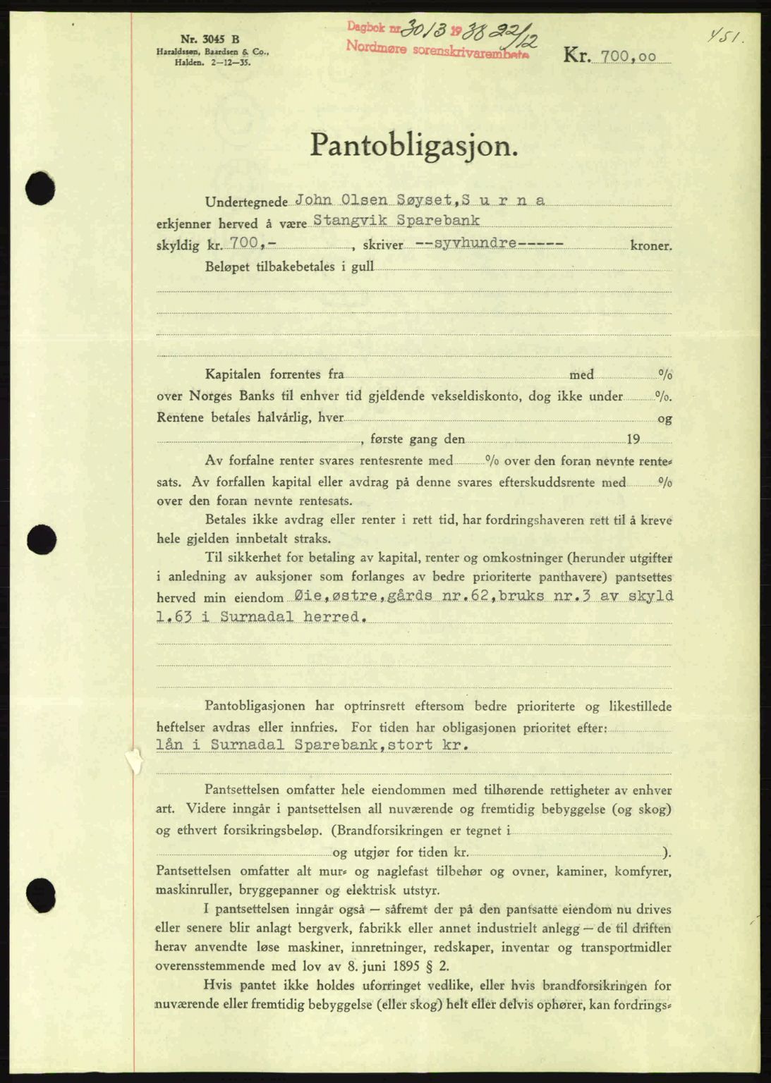 Nordmøre sorenskriveri, SAT/A-4132/1/2/2Ca: Mortgage book no. B84, 1938-1939, Diary no: : 3013/1938
