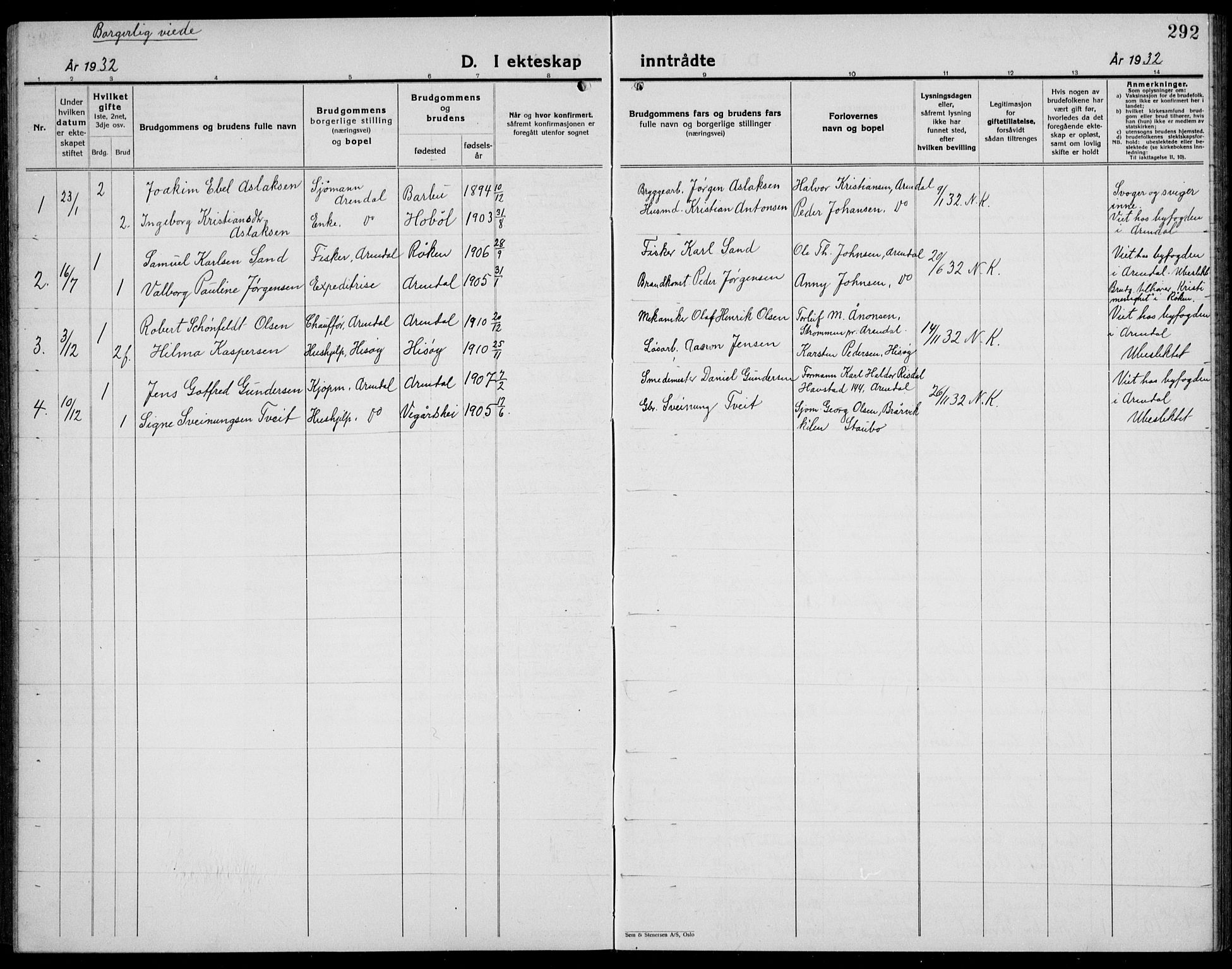 Arendal sokneprestkontor, Trefoldighet, SAK/1111-0040/F/Fb/L0008: Parish register (copy) no. B 8, 1928-1939, p. 292