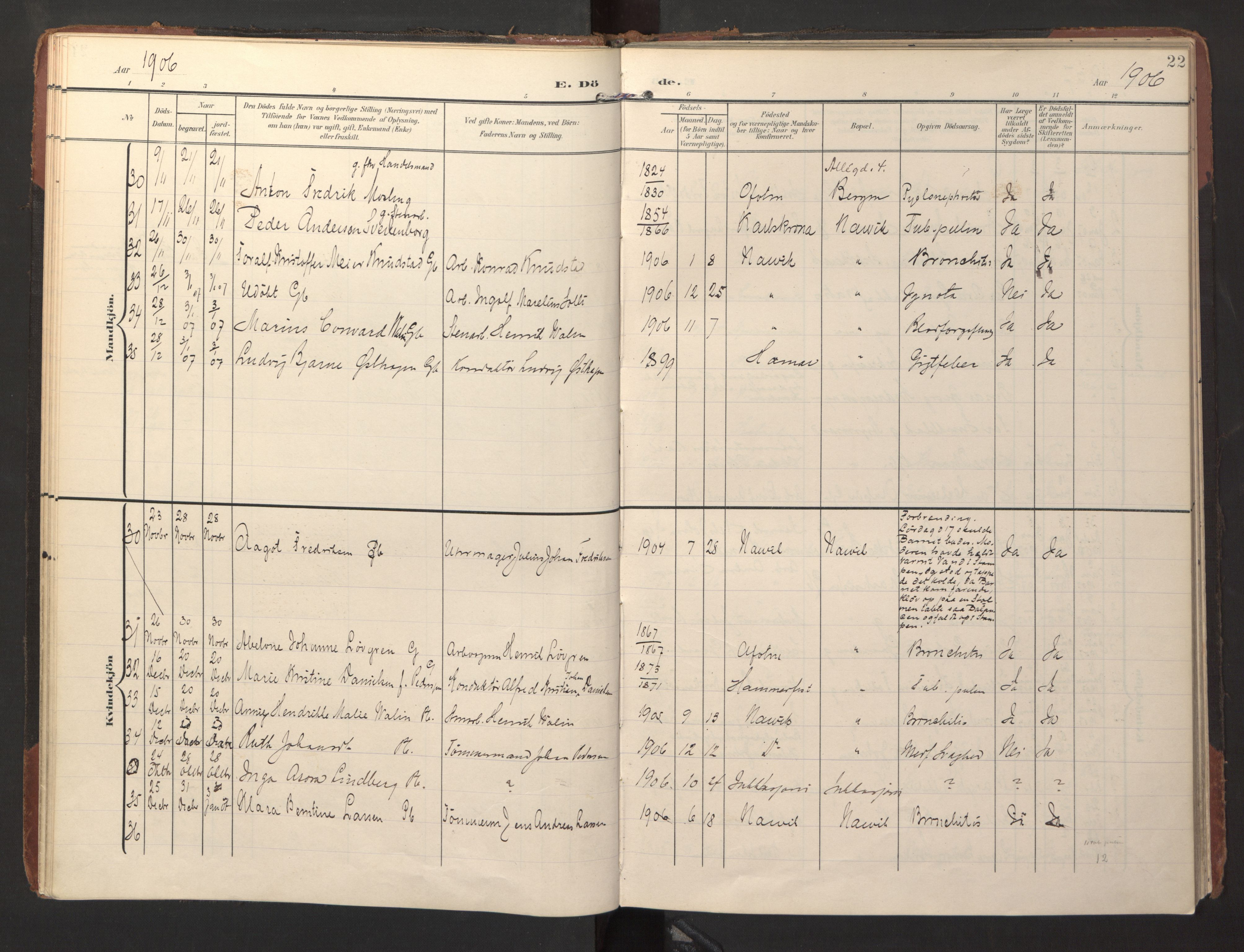 Ministerialprotokoller, klokkerbøker og fødselsregistre - Nordland, AV/SAT-A-1459/871/L1000: Parish register (official) no. 871A16, 1902-1925, p. 22