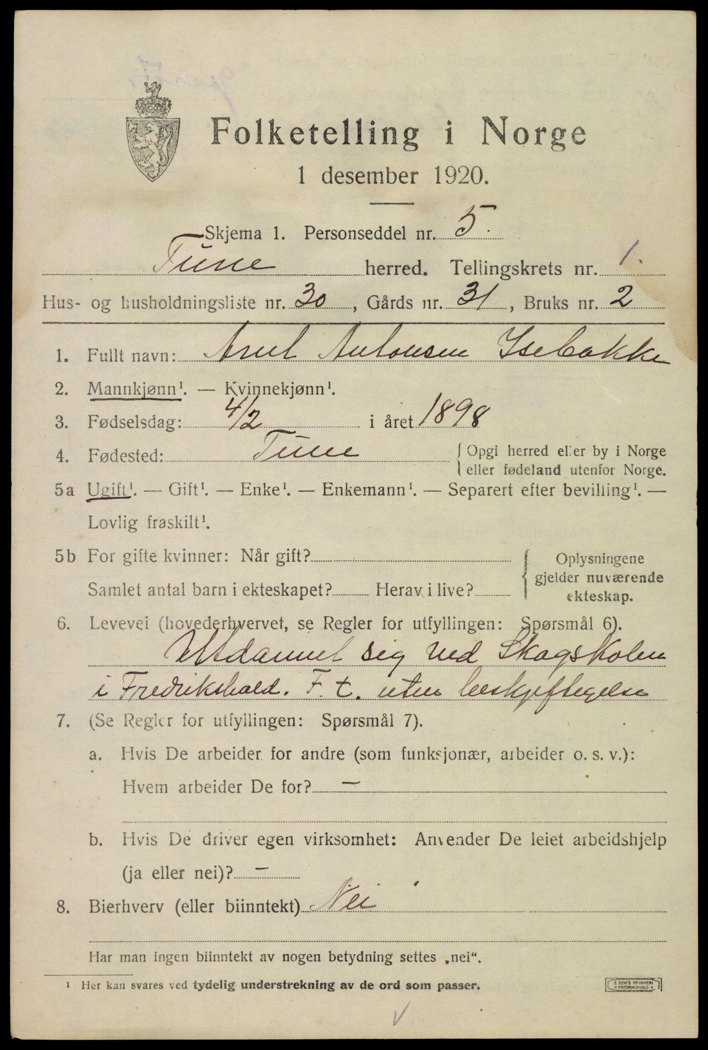 SAO, 1920 census for Tune, 1920, p. 2708