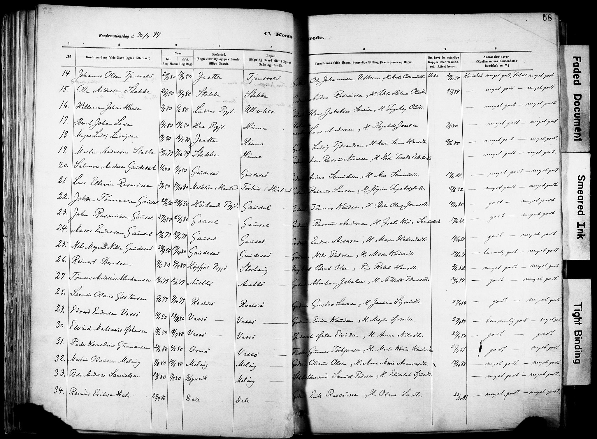 Hetland sokneprestkontor, AV/SAST-A-101826/30/30BA/L0012: Parish register (official) no. A 12, 1882-1912, p. 58