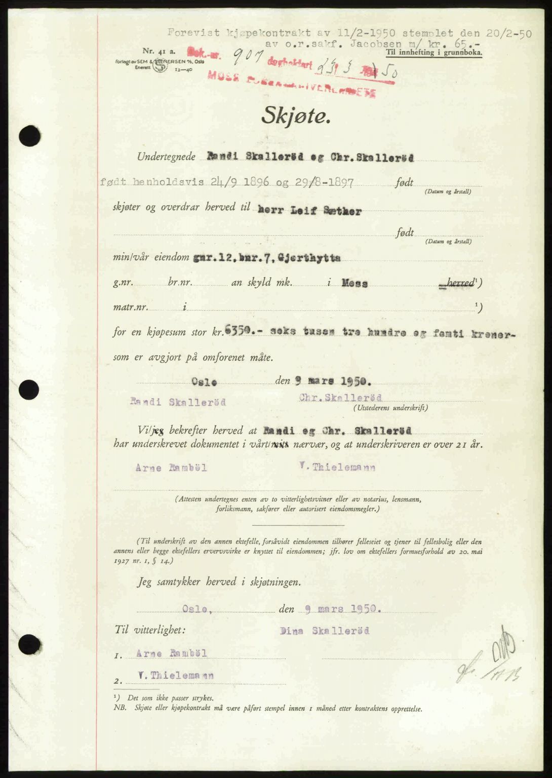 Moss sorenskriveri, SAO/A-10168: Mortgage book no. A25, 1950-1950, Diary no: : 907/1950